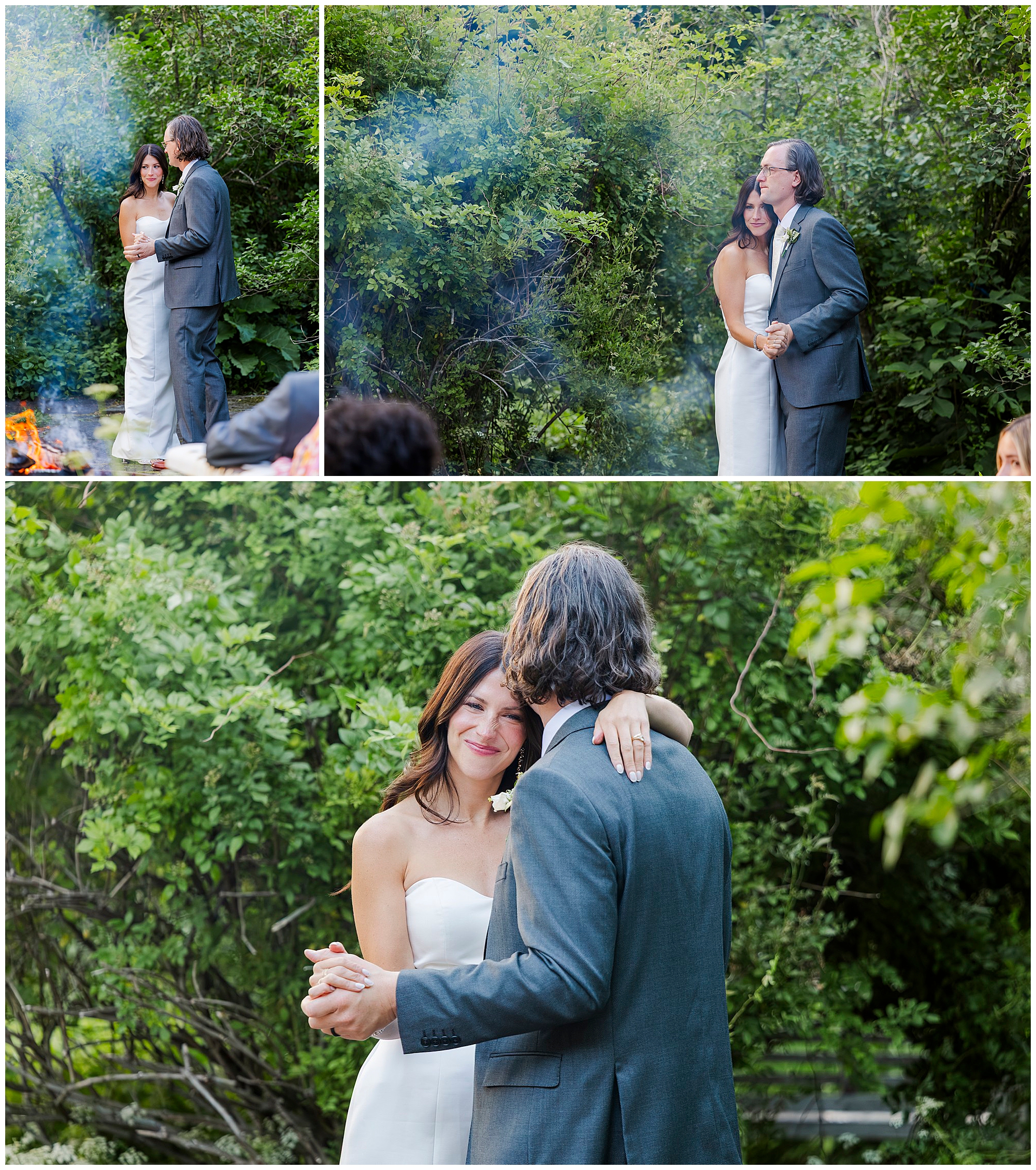 A bride in a white dress and a groom in a gray suit share a joyful outdoor wedding dance at their Airbnb micro wedding, surrounded by greenery and trees, smiling and holding each other close.