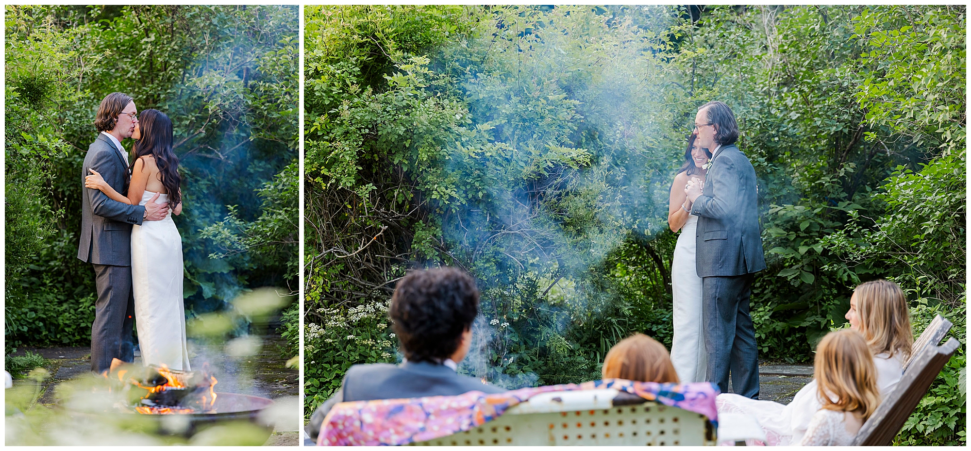 A couple dances outdoors amid lush greenery, partially obscured by fire pit smoke, while a few guests watch from nearby seats. The scene feels intimate and natural—perfect for an Airbnb micro wedding celebration.