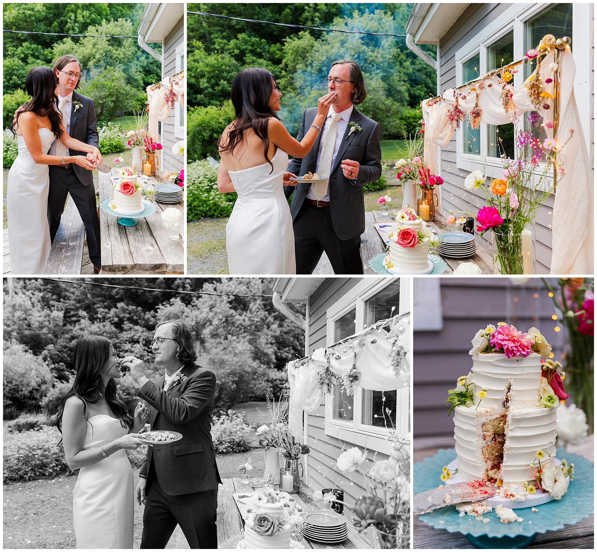 A bride and groom in wedding attire feed each other cake outdoors by a decorated table at their Airbnb micro wedding. One image shows a close-up of the cut white cake with pink flowers on top. The festive setting is surrounded by greenery.