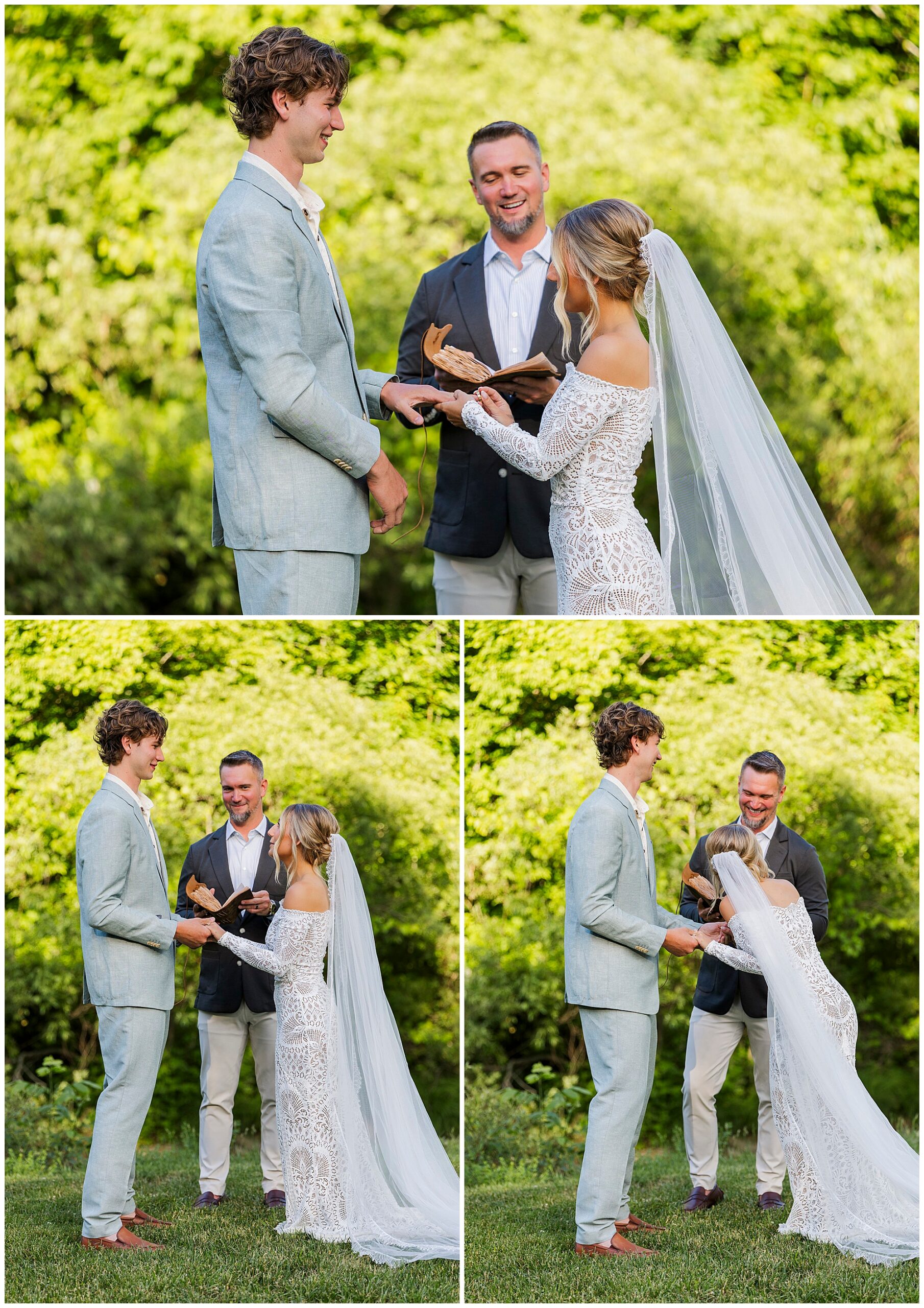 A bride and groom stand outdoors during their wedding ceremony, exchanging vows in front of an officiant. The bride wears a lace dress with a long veil; the groom wears a light suit. All appear happy and smiling.