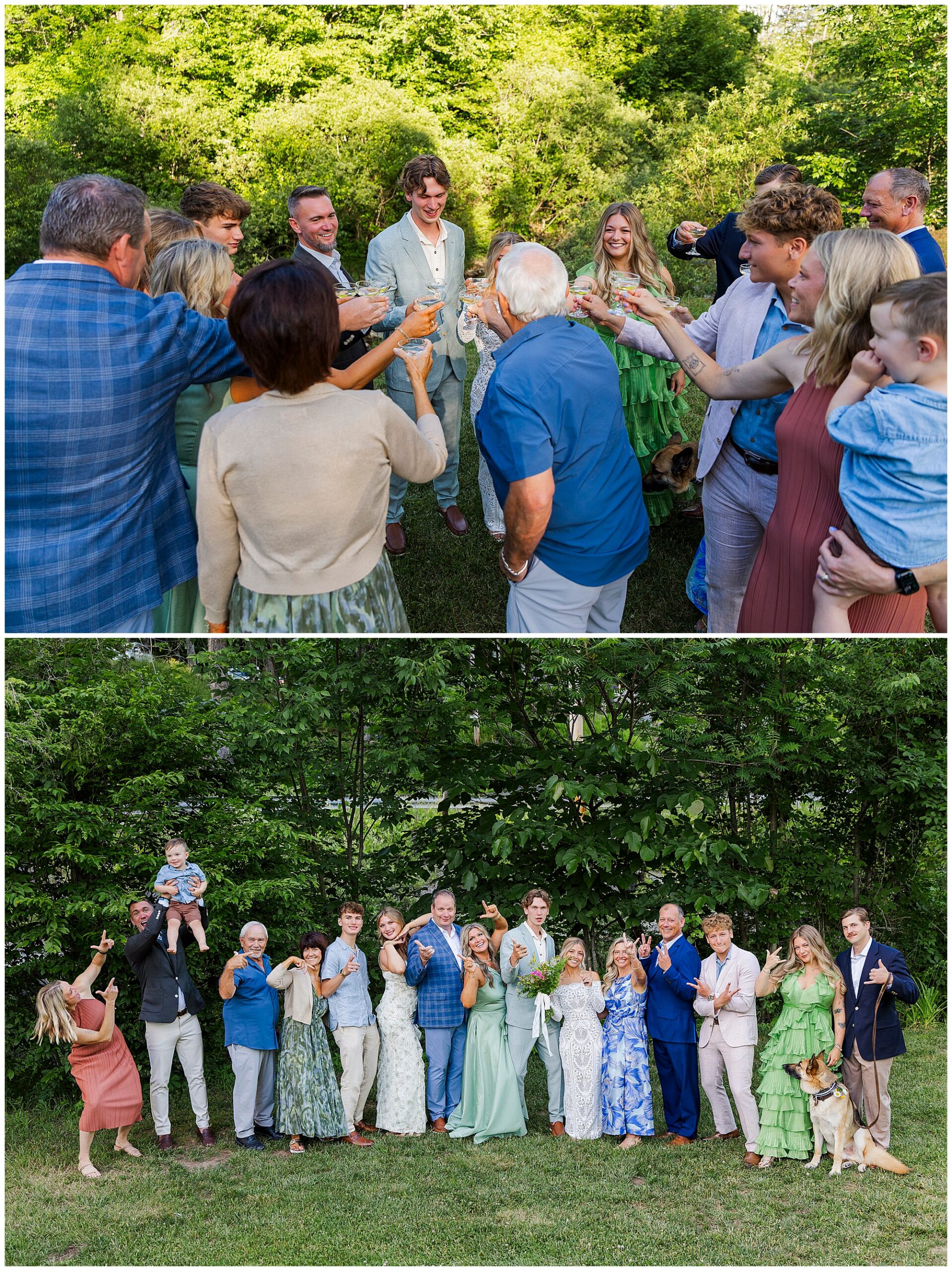Two photos of a group outdoors: in the first, people stand in a circle, raising glasses in a toast; in the second, they pose together, smiling, with some pointing or holding a child. A dog sits at the front.