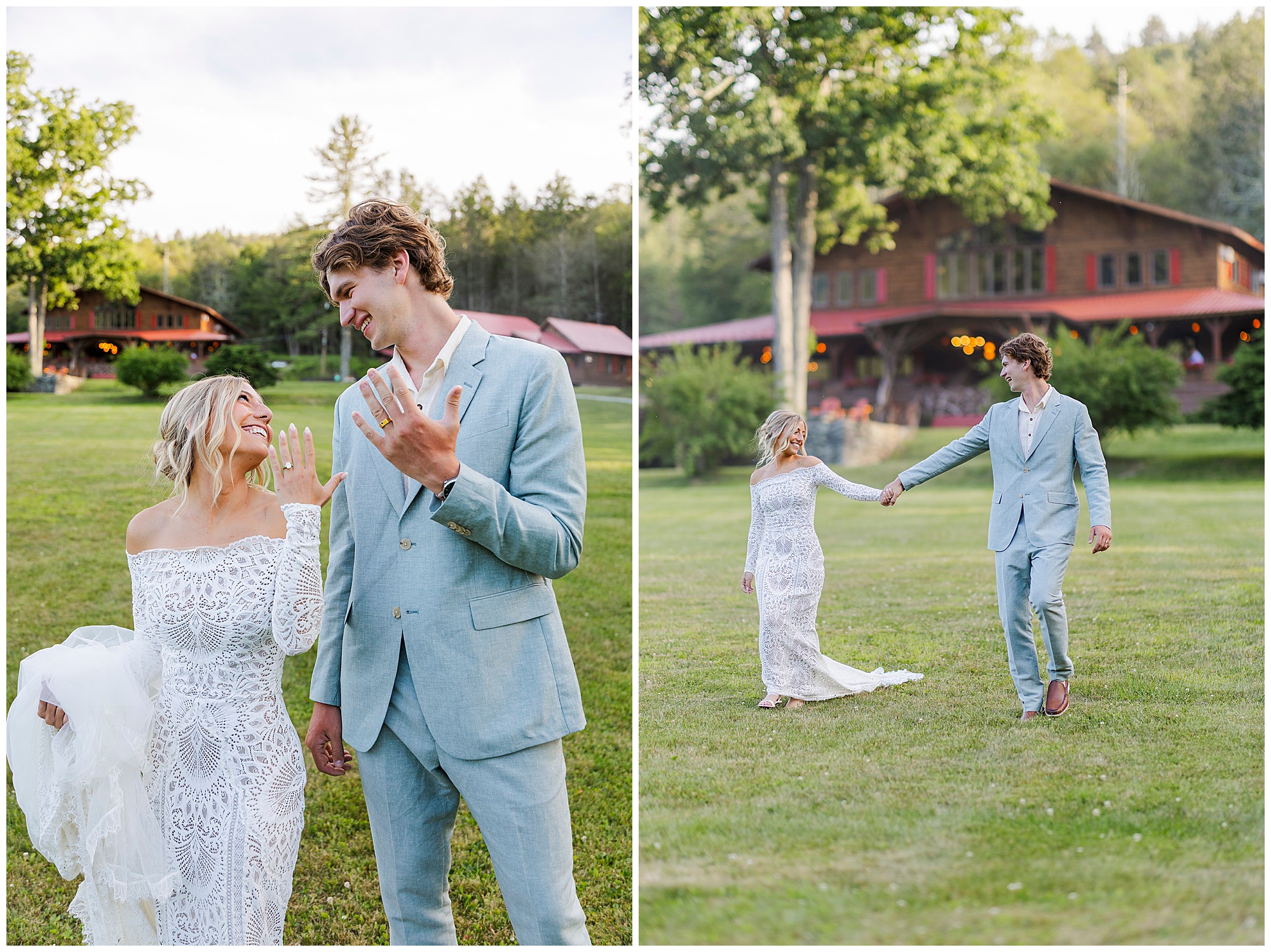 A newlywed couple in wedding attire smiles and holds hands outdoors on a grassy lawn, with a rustic wooden building and trees in the background. The bride shows off her ring, and both look joyful and happy.