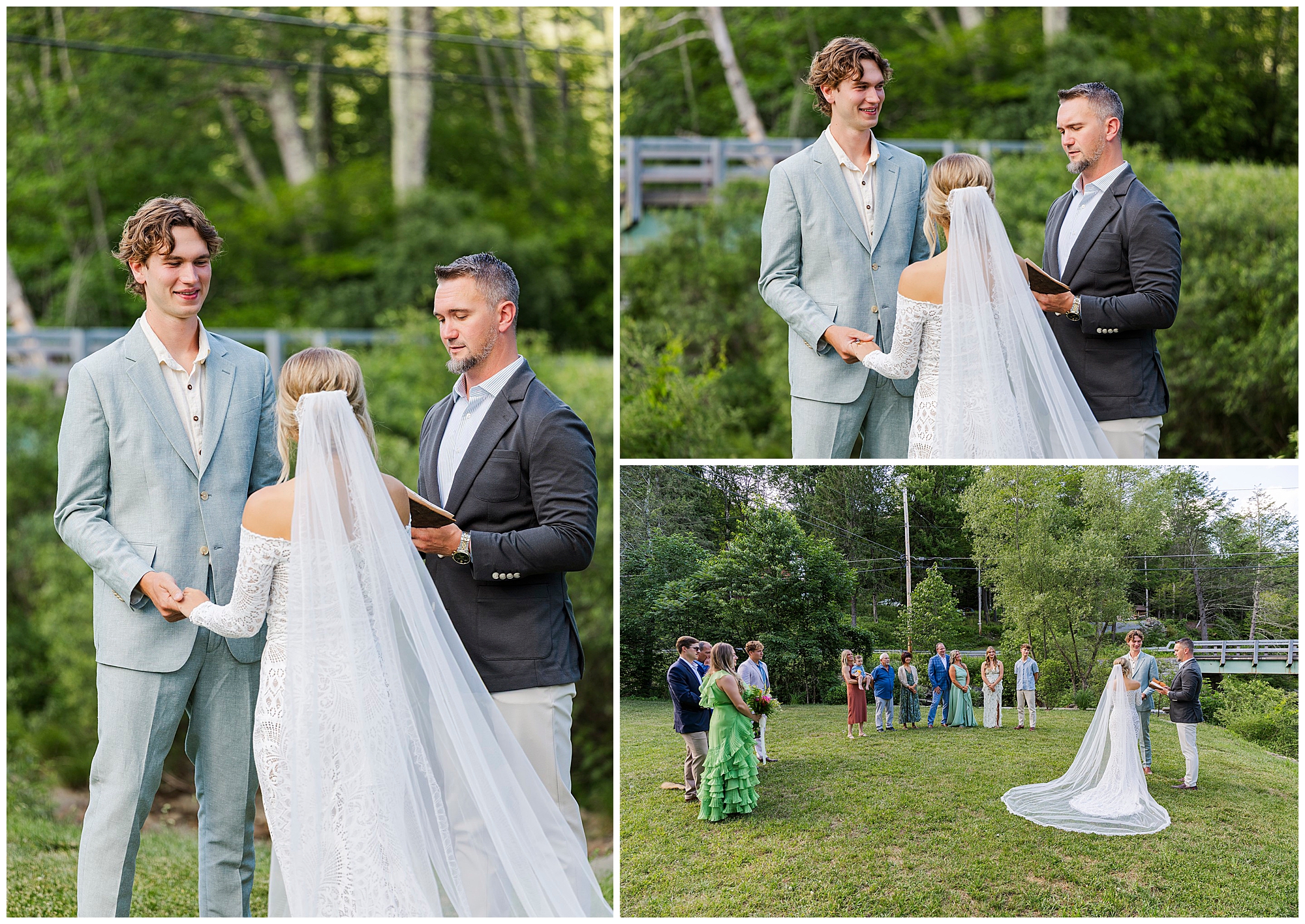 A bride and groom stand together outdoors during their wedding ceremony, holding hands as the officiant reads. Guests watch from a distance on the grassy lawn, surrounded by trees and greenery.