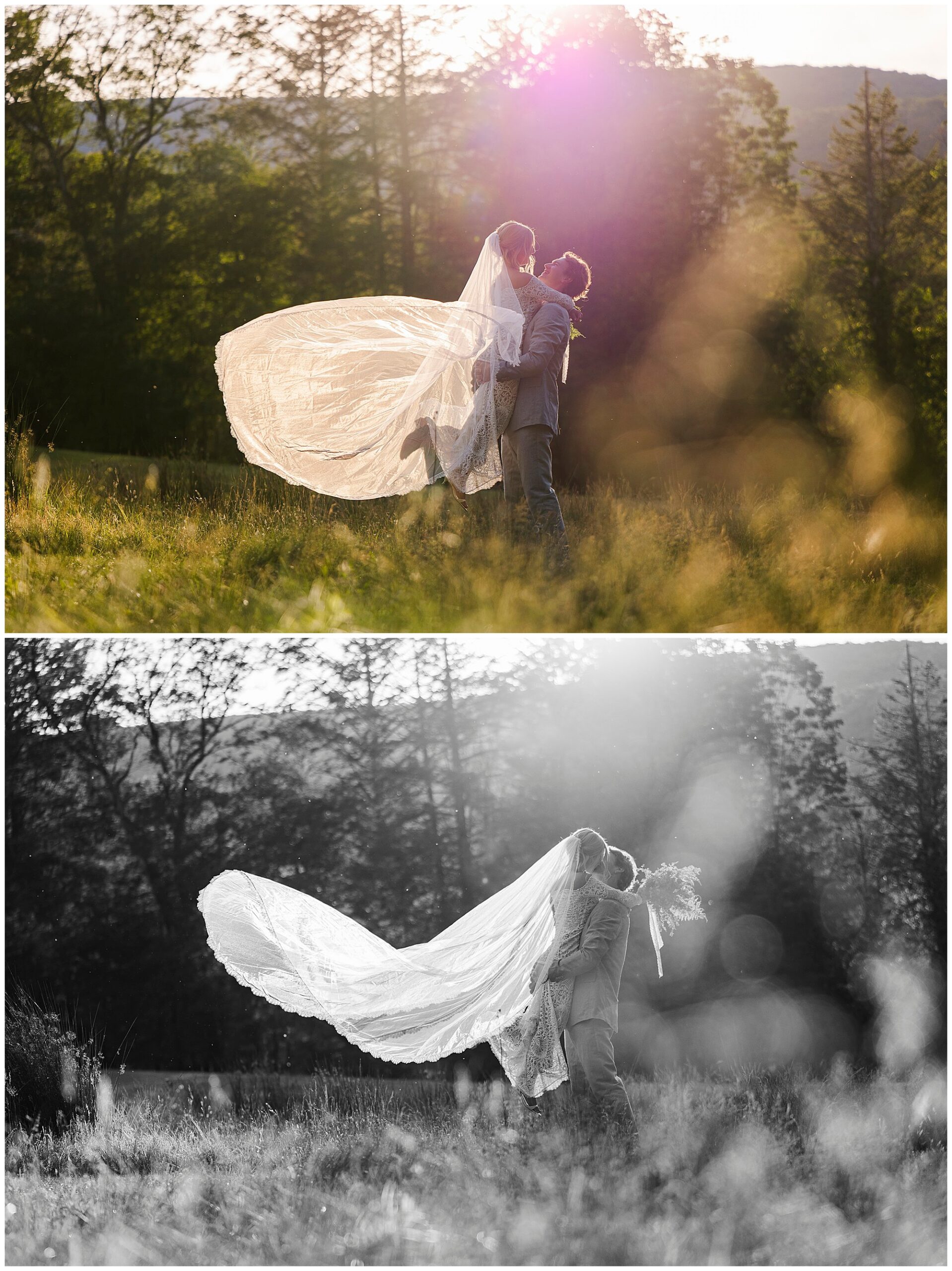 A couple stands in a sunlit meadow, the groom lifting the bride as her veil flows dramatically behind them. The scene appears in both color and black-and-white versions. Trees and soft sunlight fill the background.