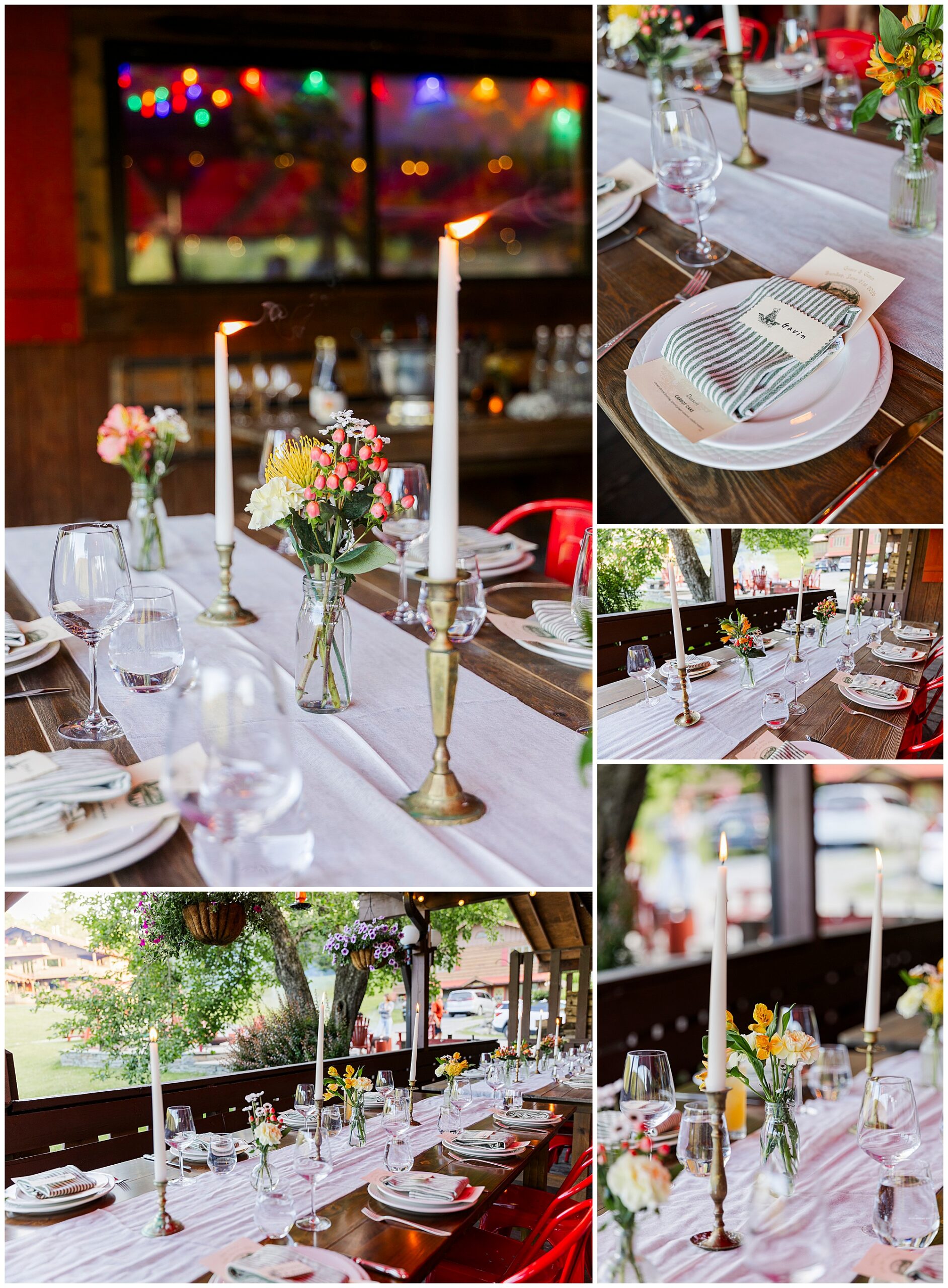 A collage of elegant table settings with white tablecloths, tall candles, glassware, floral centerpieces, and menus on plates. Warm, inviting atmosphere with string lights and outdoor views in the background.