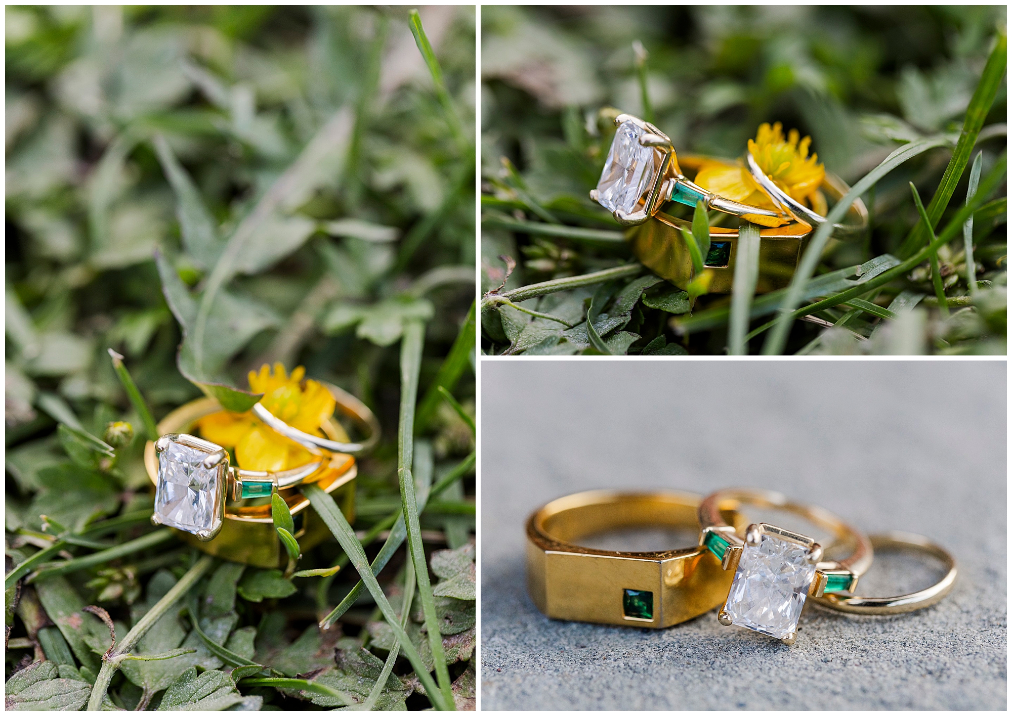 Collage of two gold rings with rectangular gemstones, one large clear stone, one small green stone. Rings are shown on grass with yellow flowers and on a gray surface.