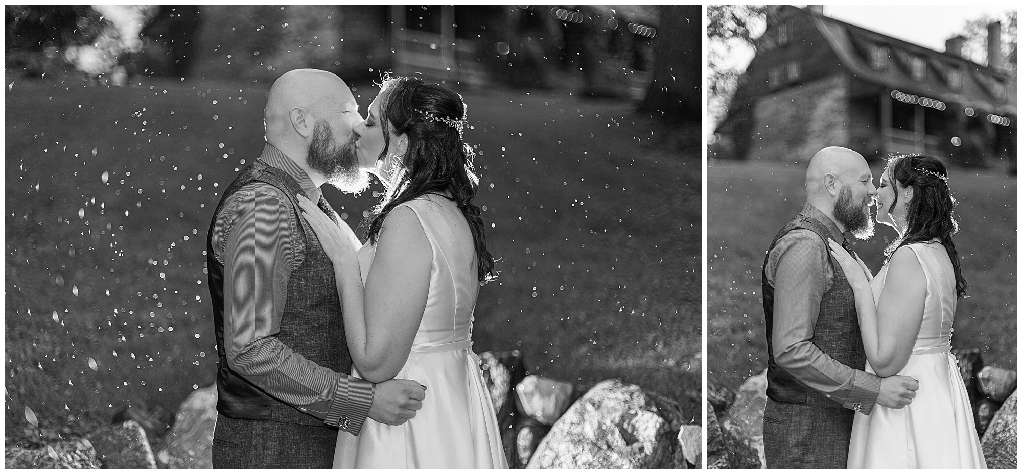 A black-and-white photo shows a couple in wedding attire kissing outdoors, surrounded by droplets of water. Another image shows them holding hands, facing each other, smiling, with a rustic building in the background.