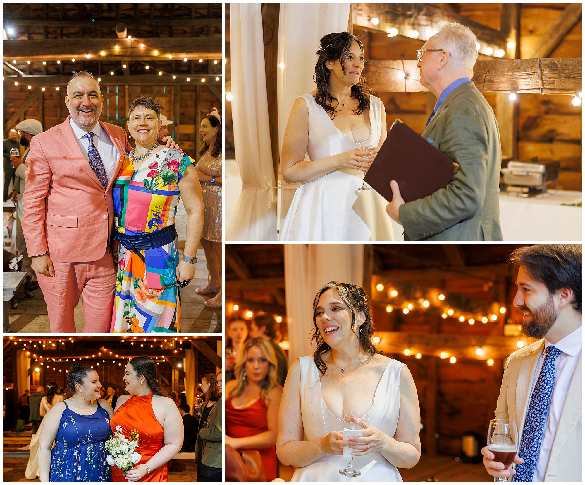 A collage of four photos at a rustic indoor wedding. Guests laugh and chat, including a bride in a white dress, people in colorful attire, and warm string lights in the background.