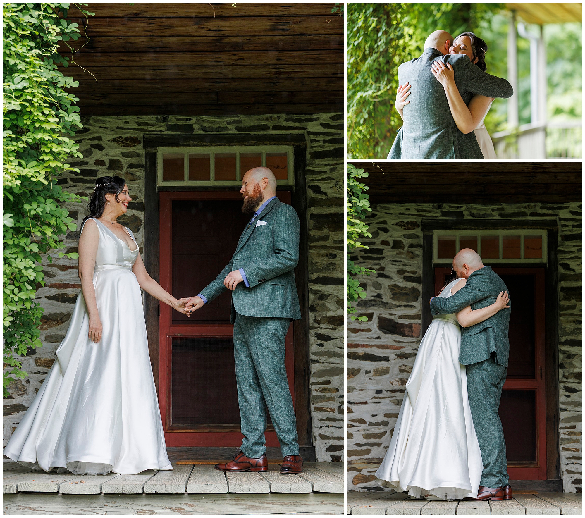 A bride in a white dress and a groom in a grey suit share a joyful first look and embrace on a porch in front of a stone wall, surrounded by greenery.