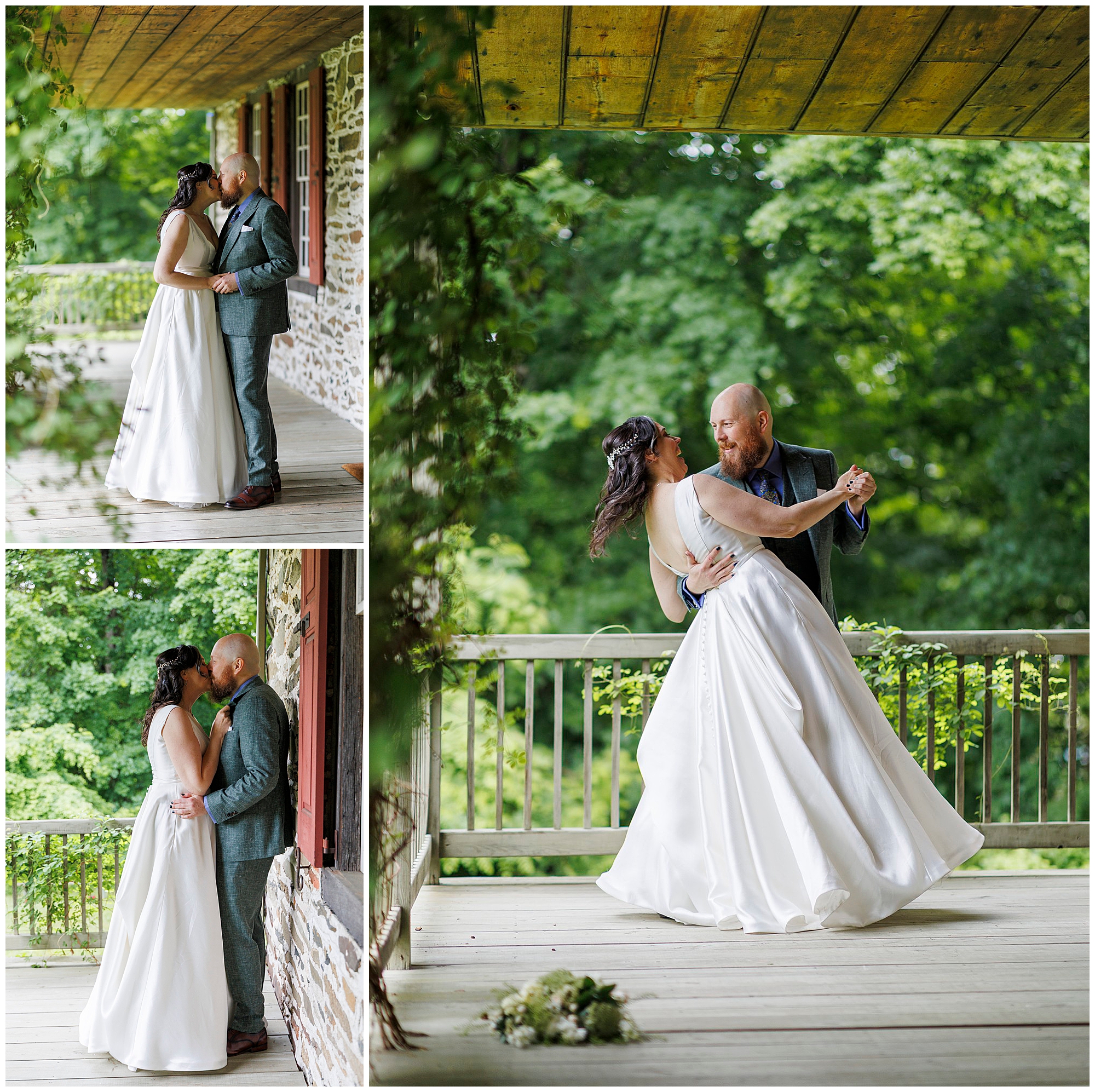 Collage of a bride and groom on a porch. They share a kiss, a tender moment against a stone wall, and dance together, surrounded by greenery. The bride wears a white dress; the groom is in a gray suit.