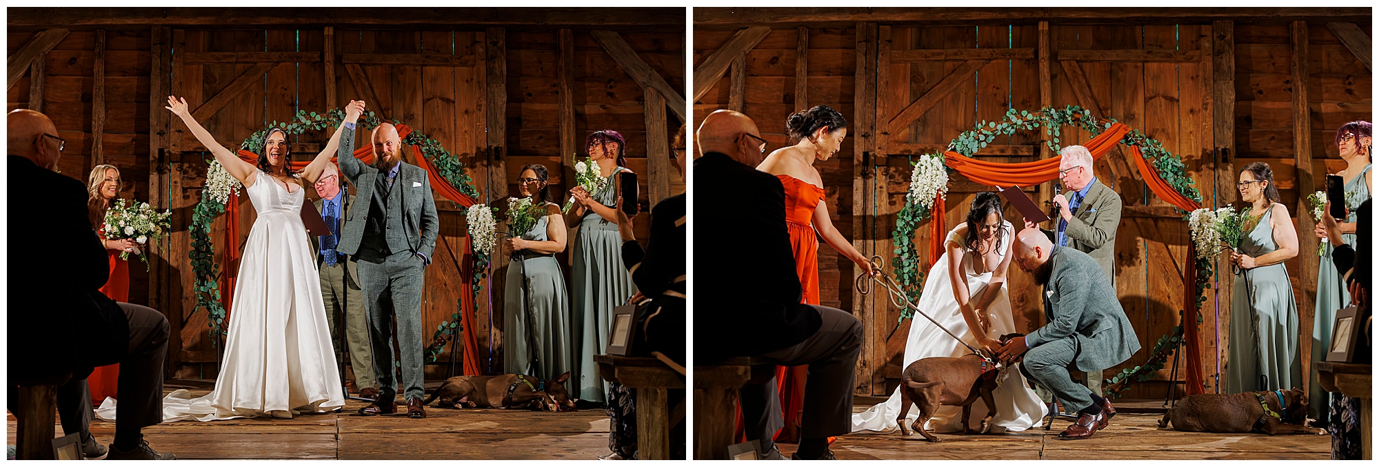 A bride and groom celebrate at their rustic indoor wedding ceremony, surrounded by their wedding party. The groom bends down to pet a brown dog lying on the wooden floor. Greenery and orange drapes decorate the wooden backdrop.