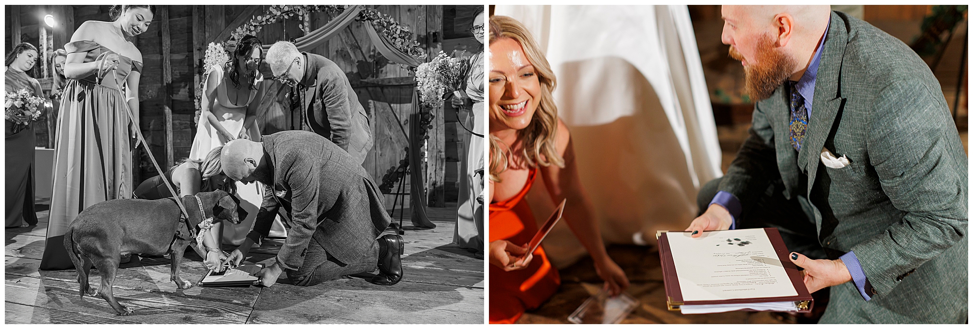 Left: A man bends down to help a dog press its paw onto a document at a wedding ceremony, with guests smiling nearby. Right: A man and woman share a laugh while holding official papers.