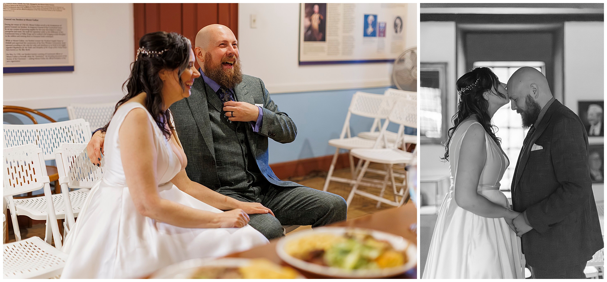 A bride and groom sit and smile together in a small room with white chairs; in a second image, they stand close, touching foreheads, holding hands and smiling.