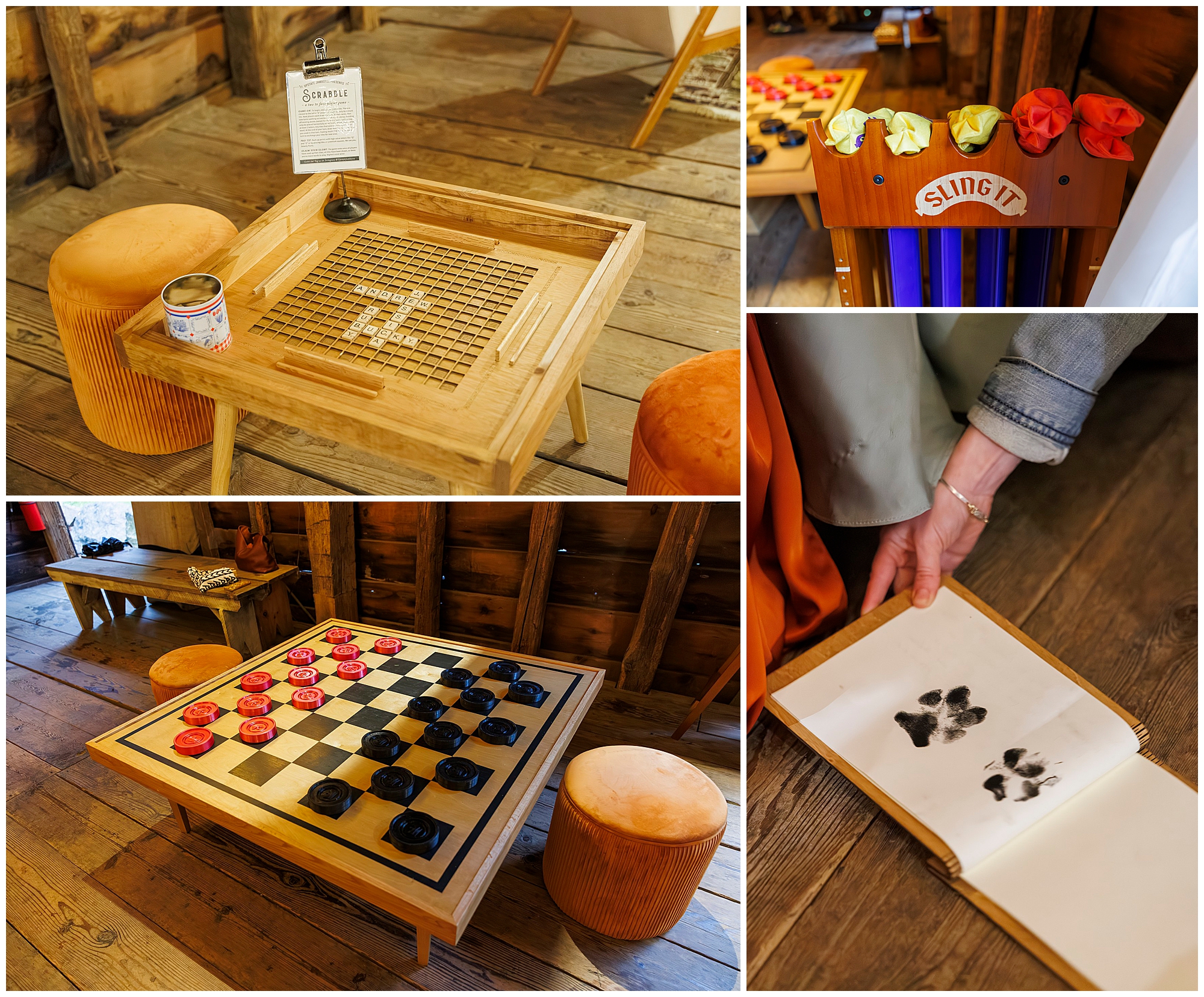 A collage showing a rustic game room with wooden floors, featuring a board game setup, a “Sling It” game, a chessboard with red and black pieces, and an open book displaying animal footprints.