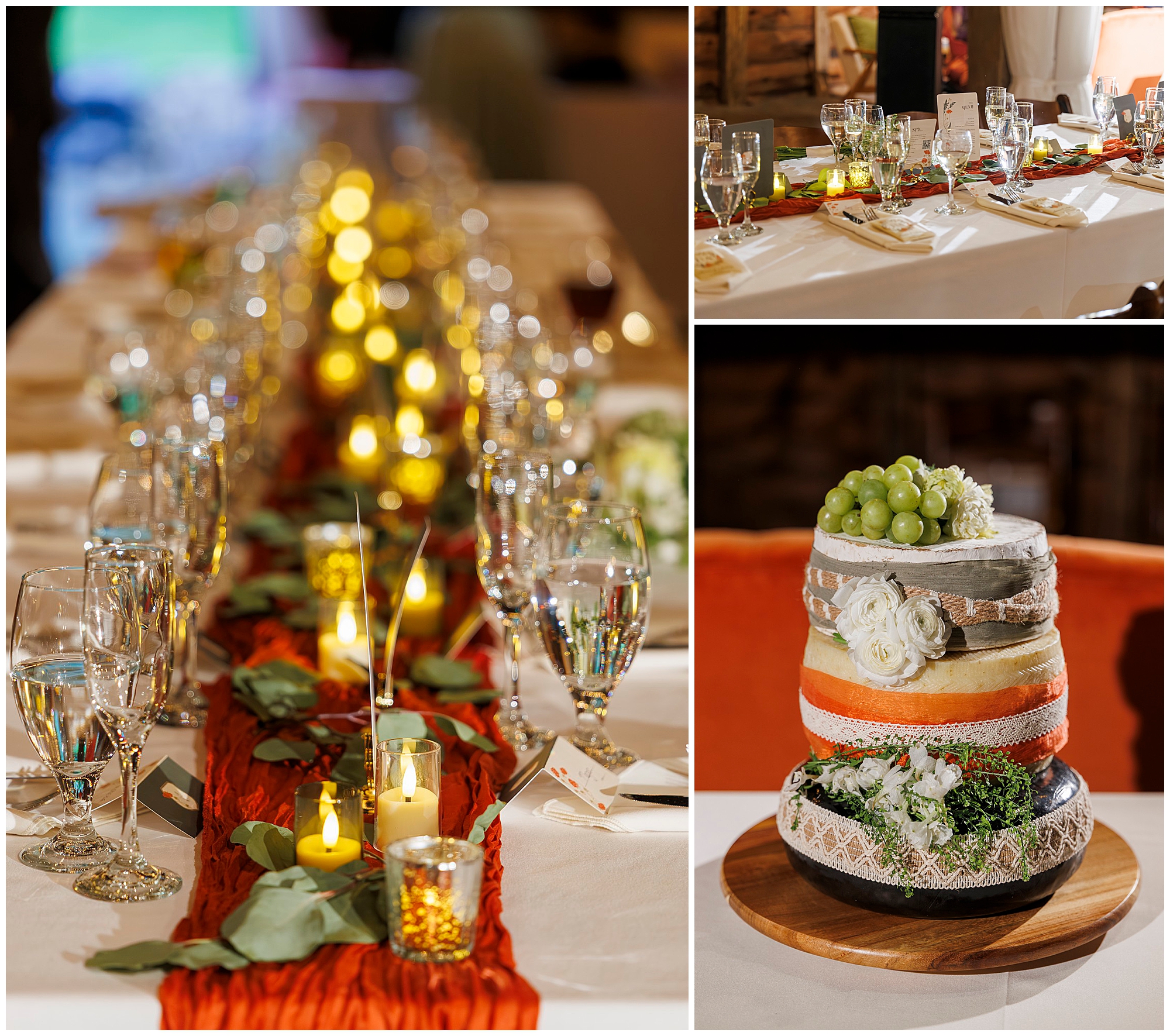 A wedding table set with glasses, candles, and greenery, plus a cheese wheel cake decorated with grapes and flowers; elegant, festive atmosphere.