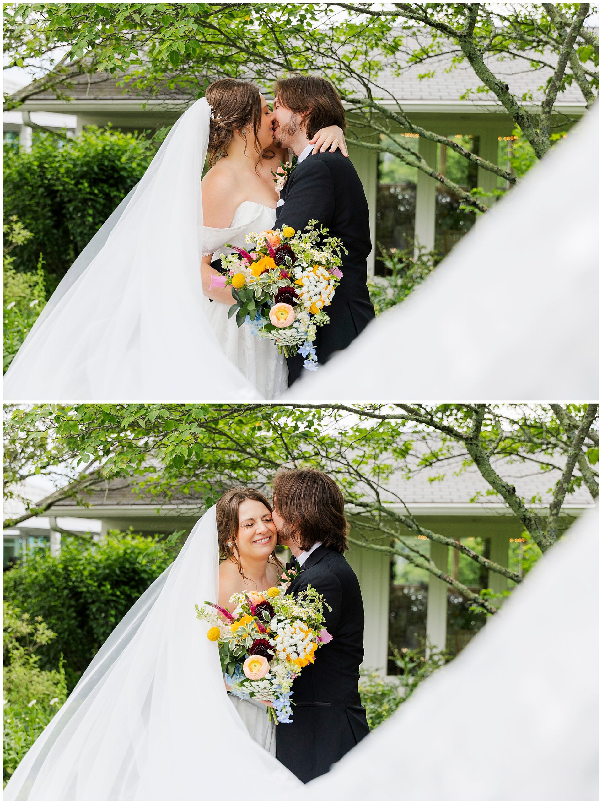 Two photos of a bride and groom outdoors at their summer garrison wedding: in the first, they are about to kiss; in the second, the groom kisses her cheek as she smiles, holding a colorful bouquet and wearing a white veil.