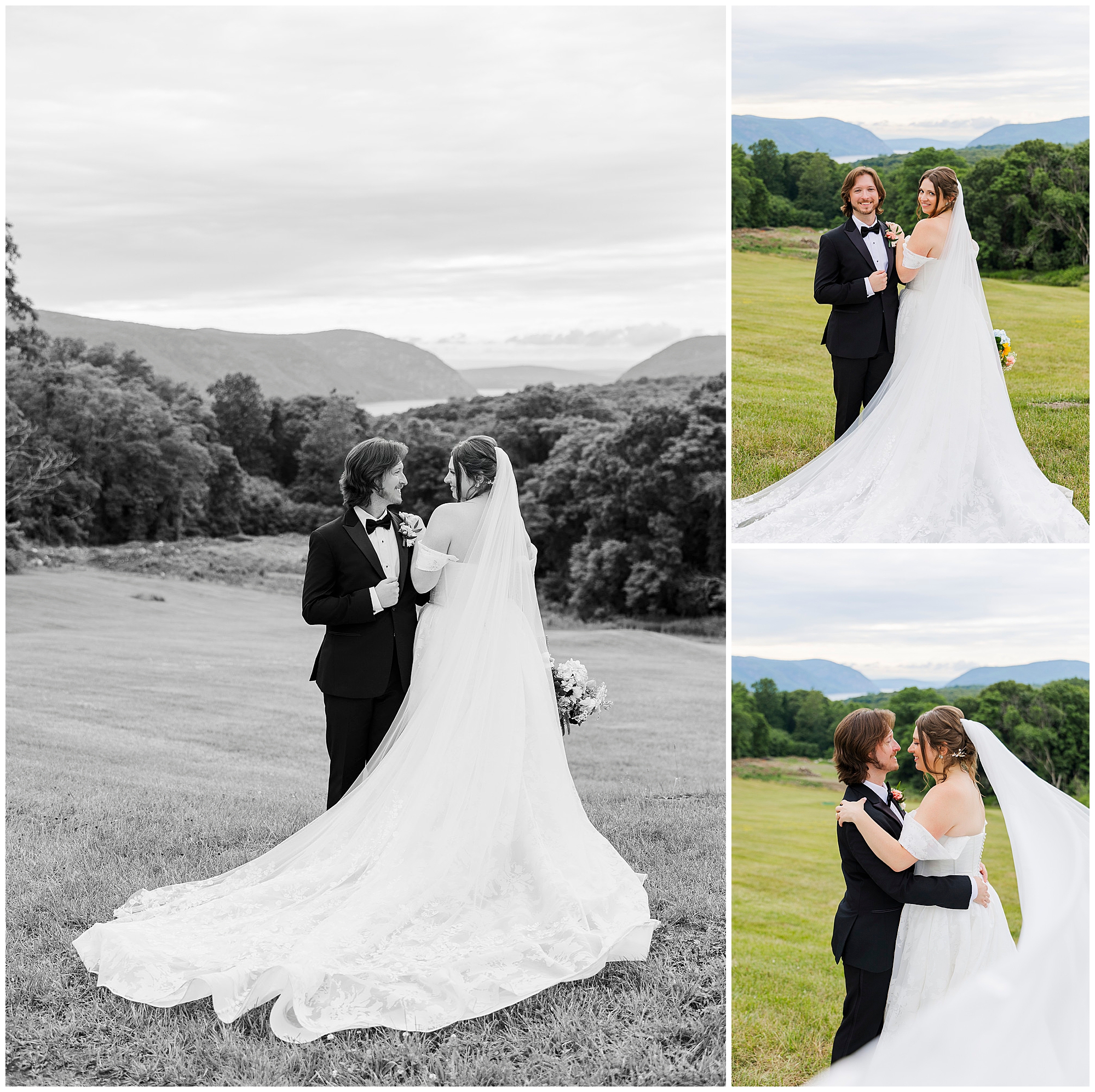 A bride and groom stand together outdoors on a grassy hill at their summer garrison wedding, surrounded by trees and mountains. The bride wears a flowing white gown; the groom, a black tuxedo. The sky is overcast.