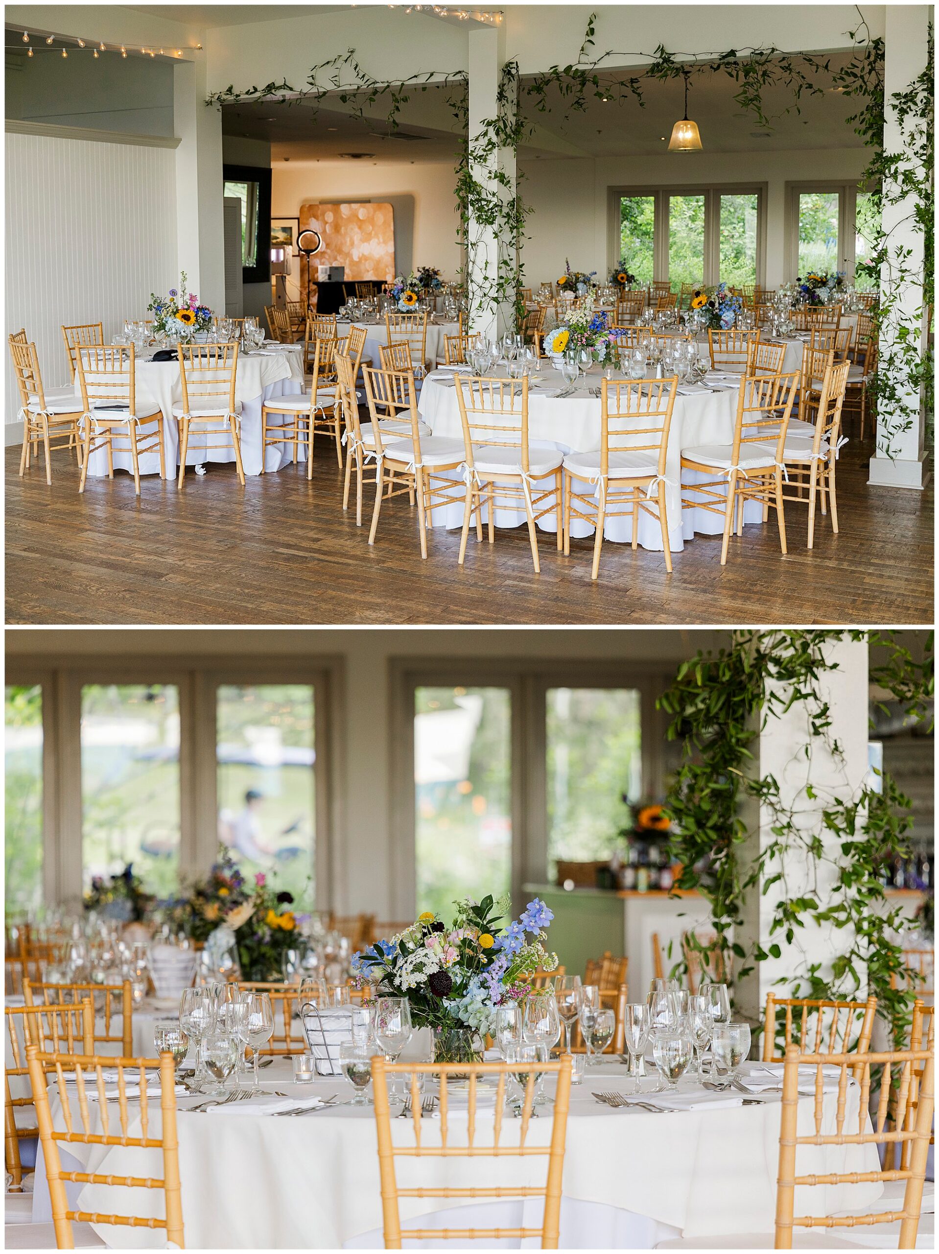 Two images show a bright, elegant summer garrison wedding event space with round tables covered in white cloths, set with glassware and floral centerpieces. Light wooden chairs surround each table, and green vines decorate the pillars and walls.