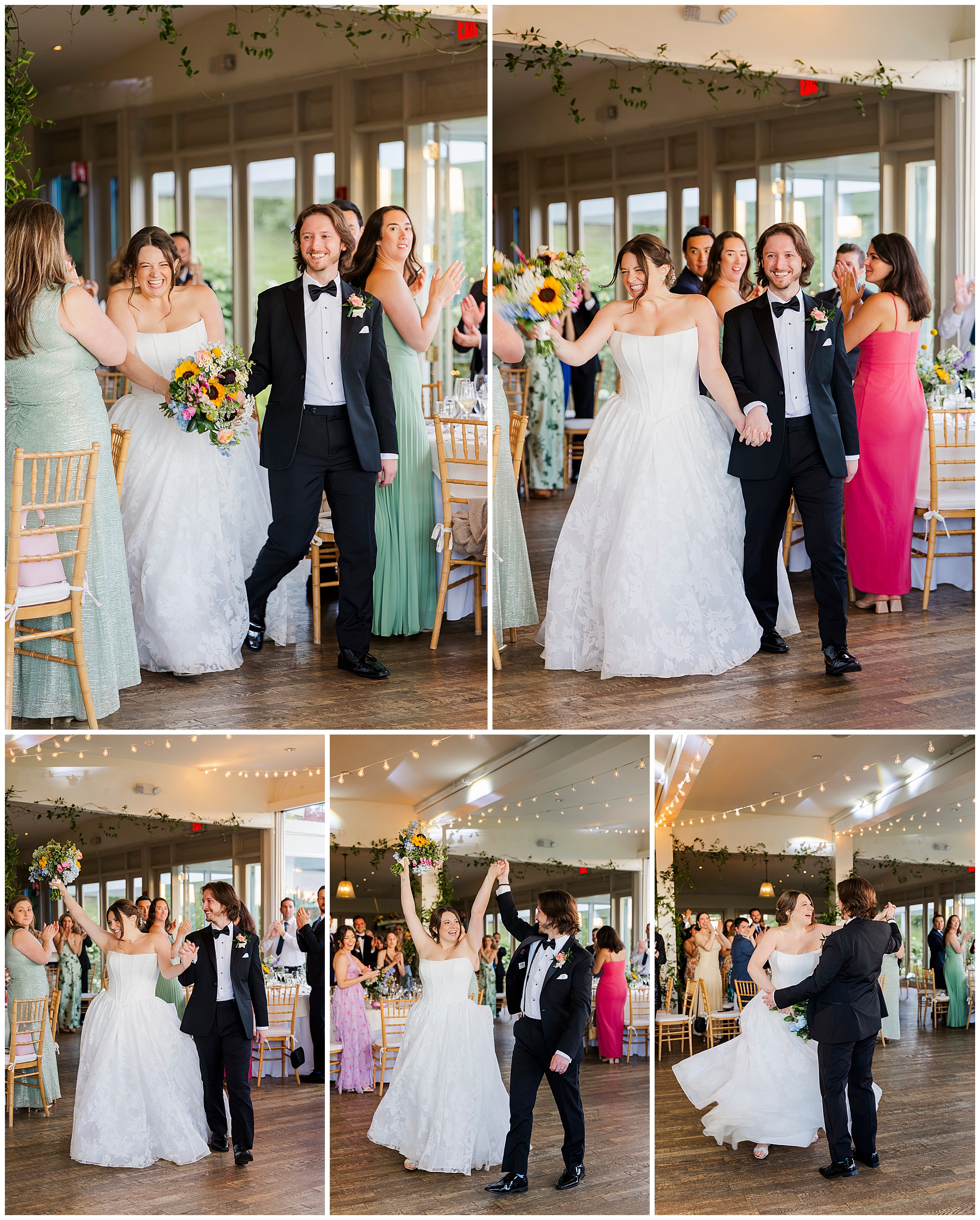 At a summer garrison wedding, a bride in white and a groom in a black tuxedo joyfully walk arm in arm down the aisle, smiling and spinning each other, surrounded by cheering guests in a bright, decorated venue.