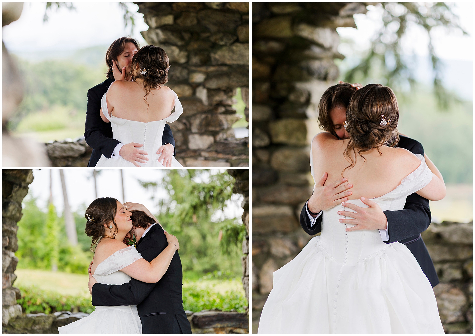 A bride and groom embrace and share a heartfelt kiss and hug outdoors, dressed in wedding attire, under a stone archway with greenery in the background at their romantic summer garrison wedding.