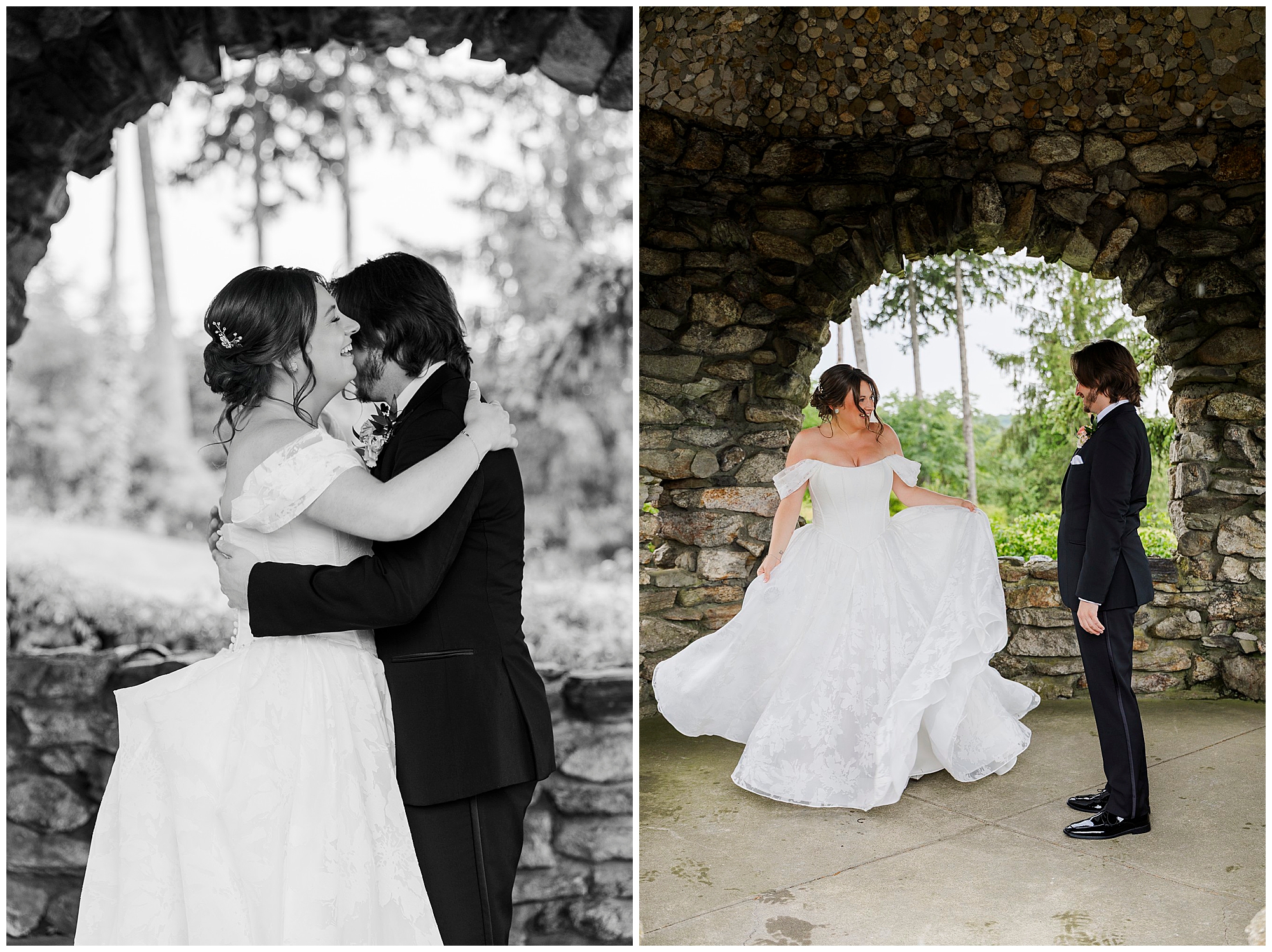 Two images of a couple in wedding attire at their summer garrison wedding: on the left, they embrace lovingly beneath a stone archway; on the right, the bride twirls her dress as the groom looks on, both smiling.