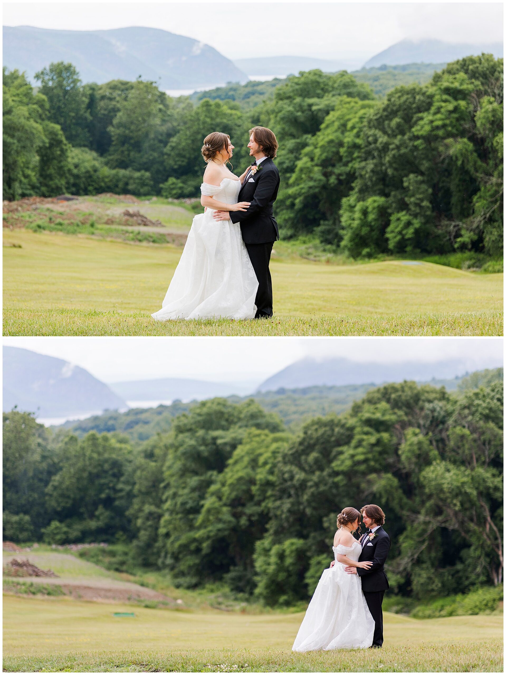 A bride and groom stand together on a grassy field, surrounded by green trees and distant mountains, embracing and looking at each other during their summer garrison wedding day.