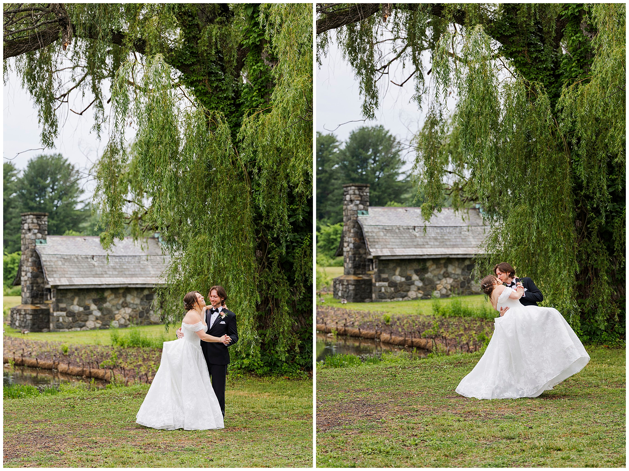 Two wedding photos side by side capture a bride and groom dancing and embracing under a large willow tree during their summer garrison wedding, with a rustic stone building and lush green trees in the background.