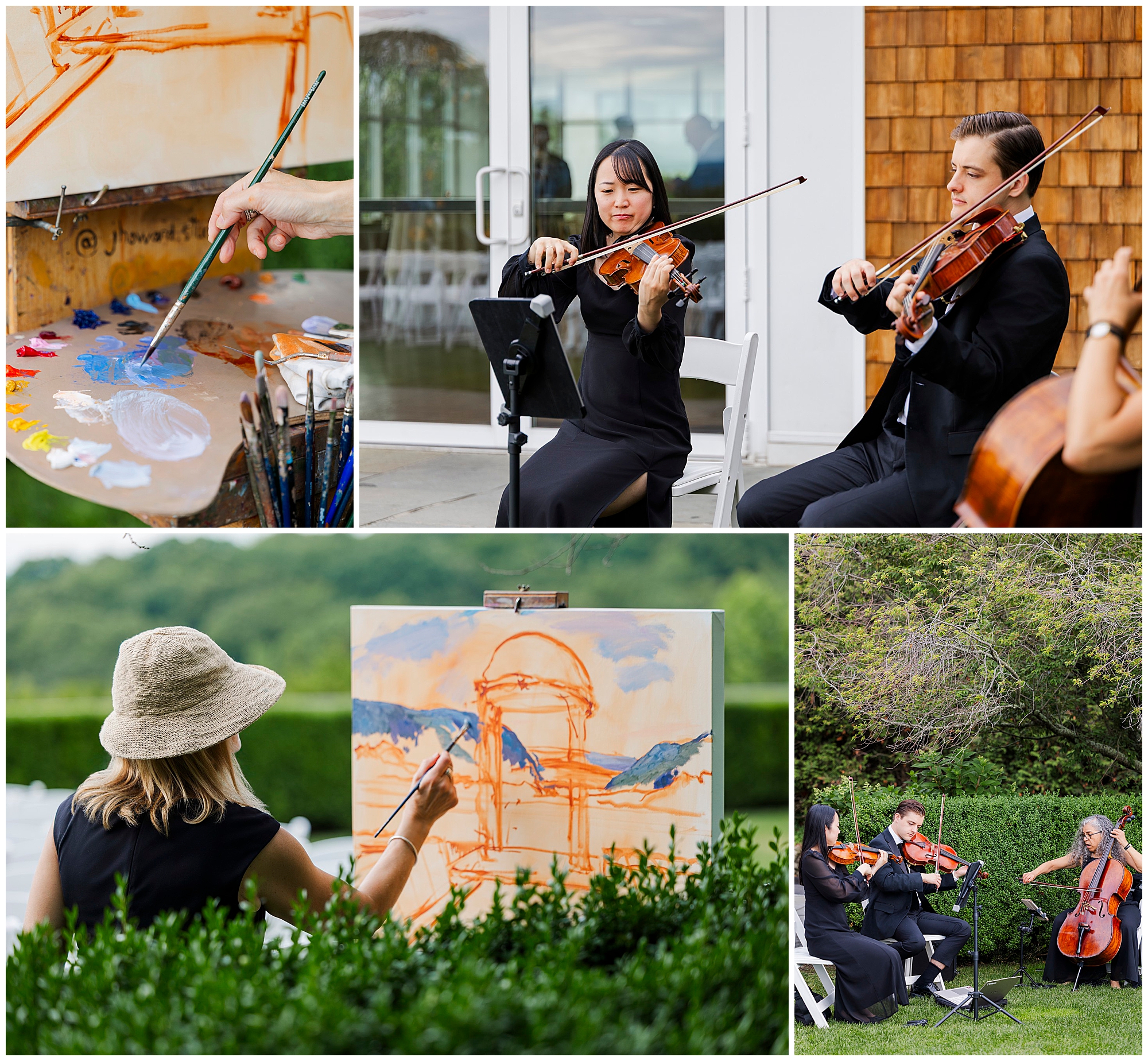 A collage shows a painter starting a landscape on canvas outdoors at a summer garrison wedding, with close-ups of a paint palette and string quartet, and musicians performing on a lawn in a garden setting.