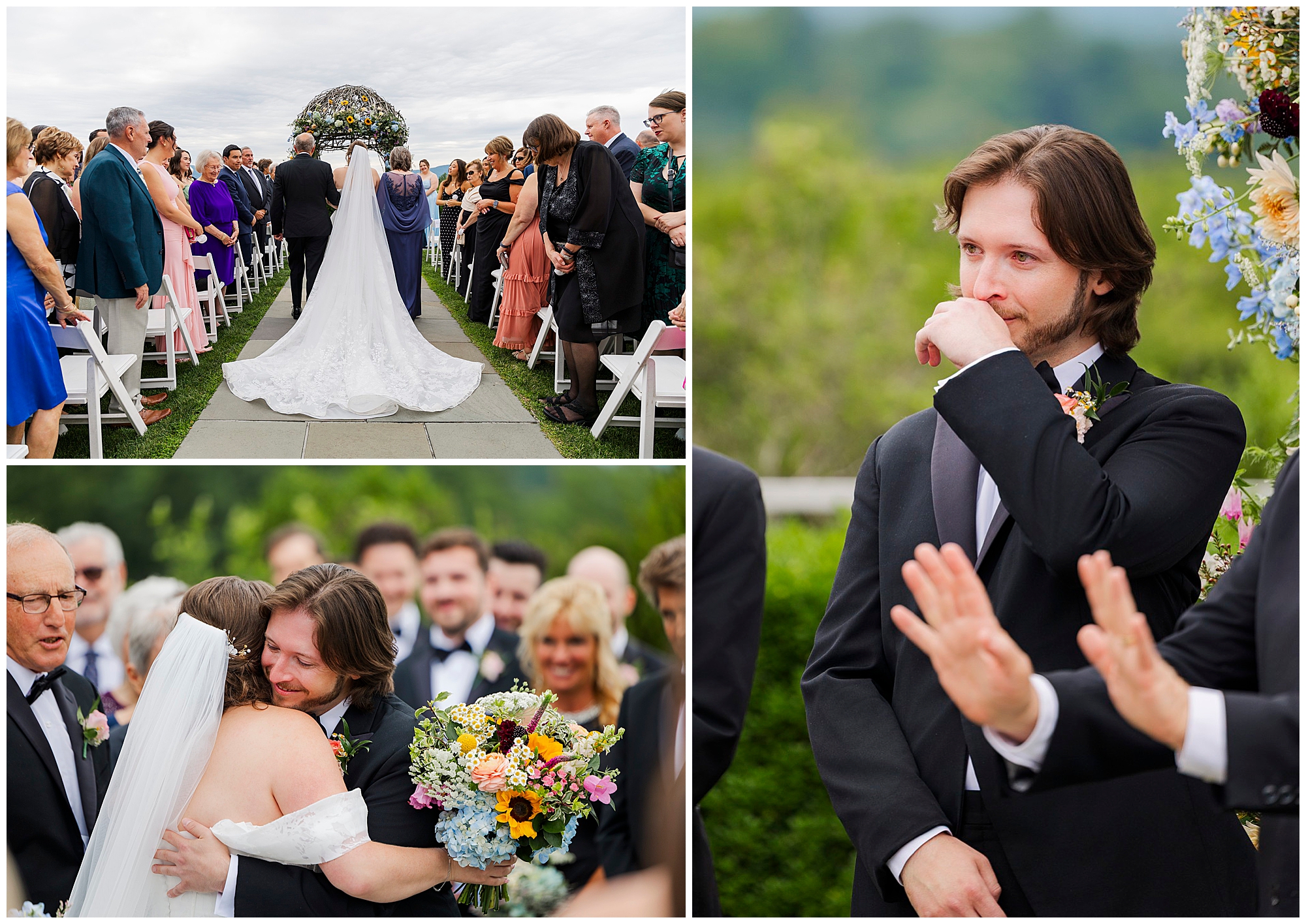 At a summer garrison wedding, a bride walks down the aisle toward her emotional groom, who wipes away tears before embracing her, while guests look on and smile.