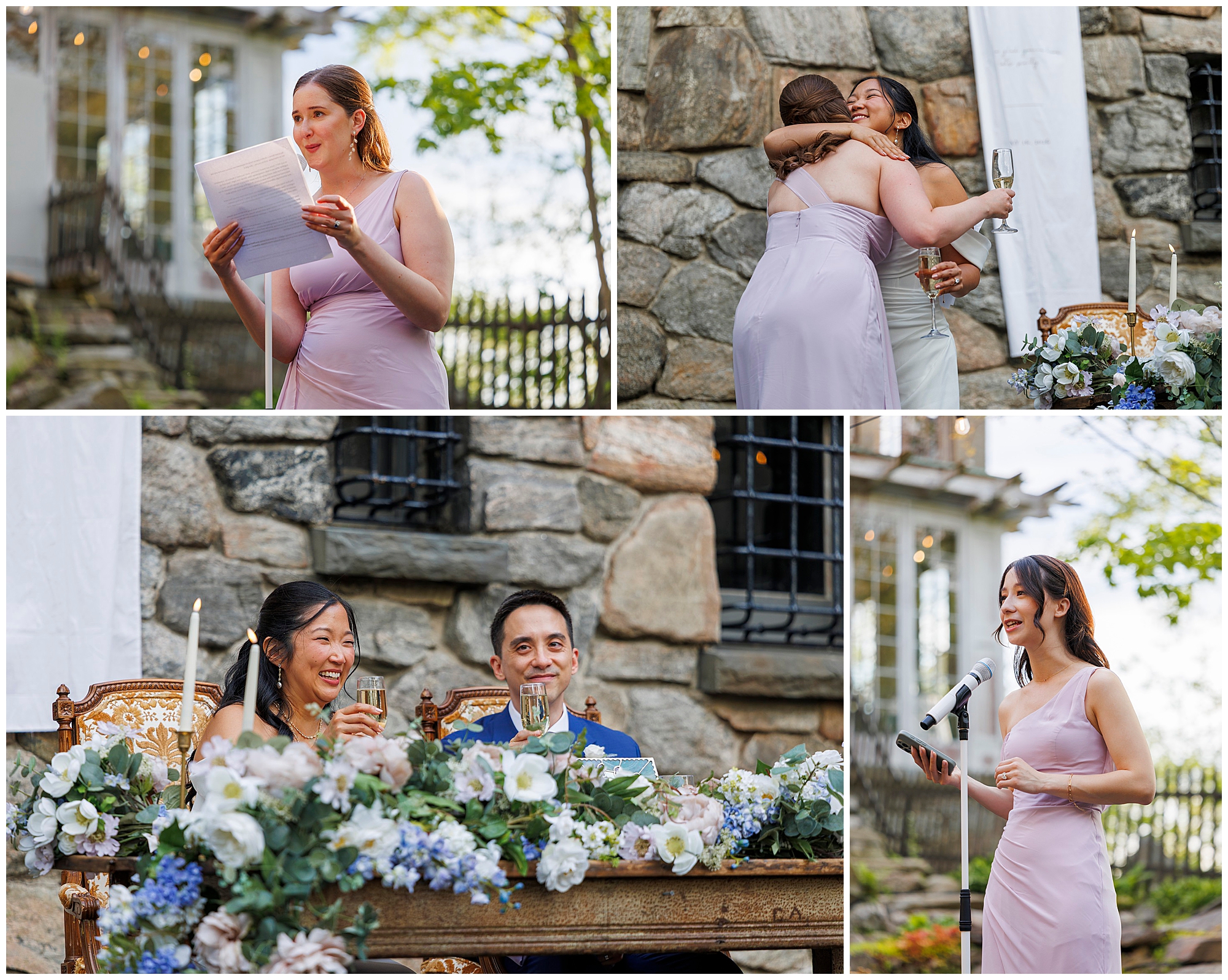 A collage captures a wedding at Arrow Park: two women in lavender dresses give heartfelt speeches and hug, while a couple smiles at a flower-adorned table outdoors before a charming stone building during the celebration.