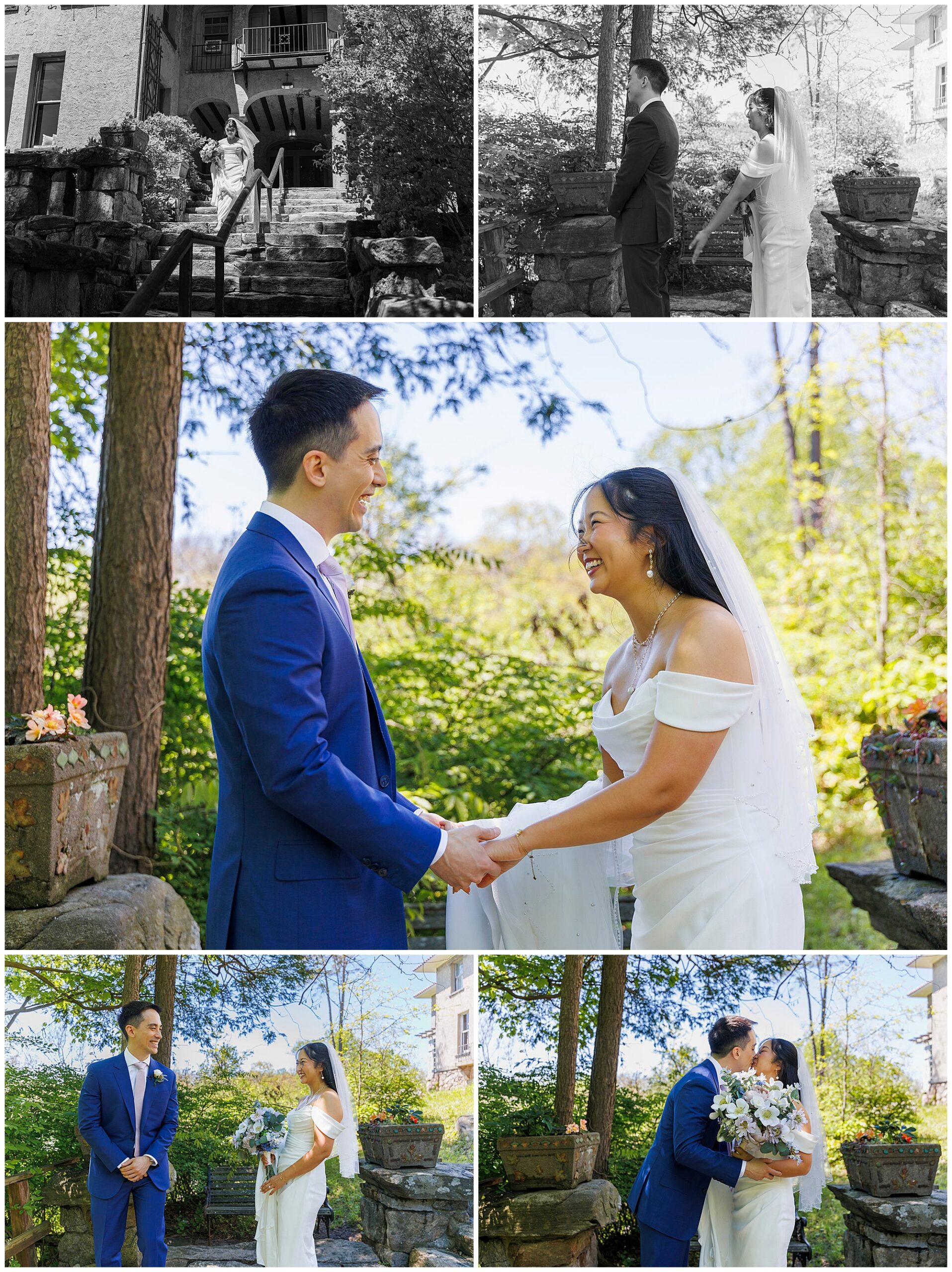 A bride and groom have their first look outdoors during their wedding at Arrow Park. They smile, hold hands, and share a kiss, surrounded by greenery and stone walls. The bride wears a white dress and veil; the groom wears a blue suit.