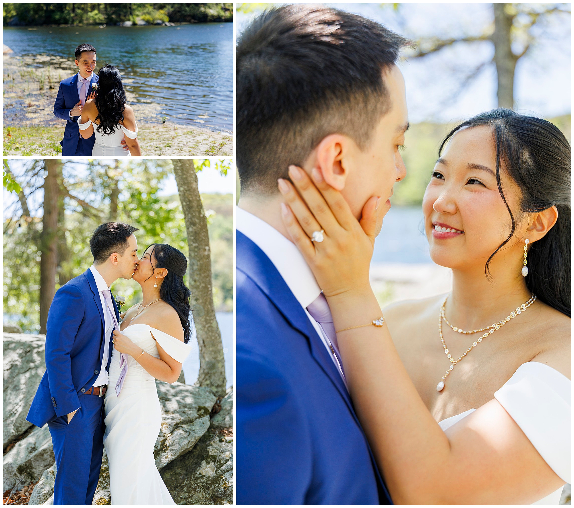 A bride and groom in wedding attire share joyful, intimate moments by a lake and among trees on a sunny day during their wedding at Arrow Park. The bride gently holds the groom’s face, showing her ring as they embrace and smile lovingly at each other.