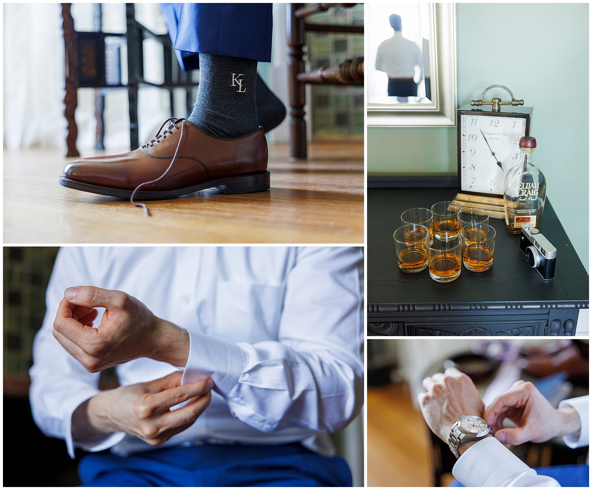 A collage shows a man tying shoelaces, cuffing his shirt, adjusting a watch, a monogrammed sock, and a mirror reflection—all capturing the elegant moments before a wedding at Arrow Park, with four glasses of whiskey beside a bottle and clock on the table.