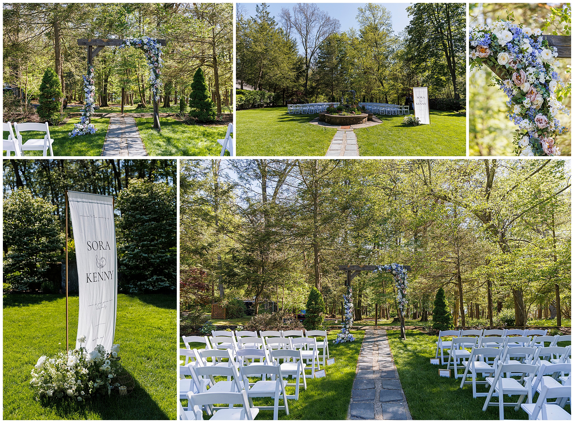 A collage of outdoor wedding ceremony setups at Arrow Park: white chairs face a floral-adorned wooden arch on a lawn, with stone paths and greenery. A white banner reads “Sora & Kenny.” Flowers decorate the arch and banner.
