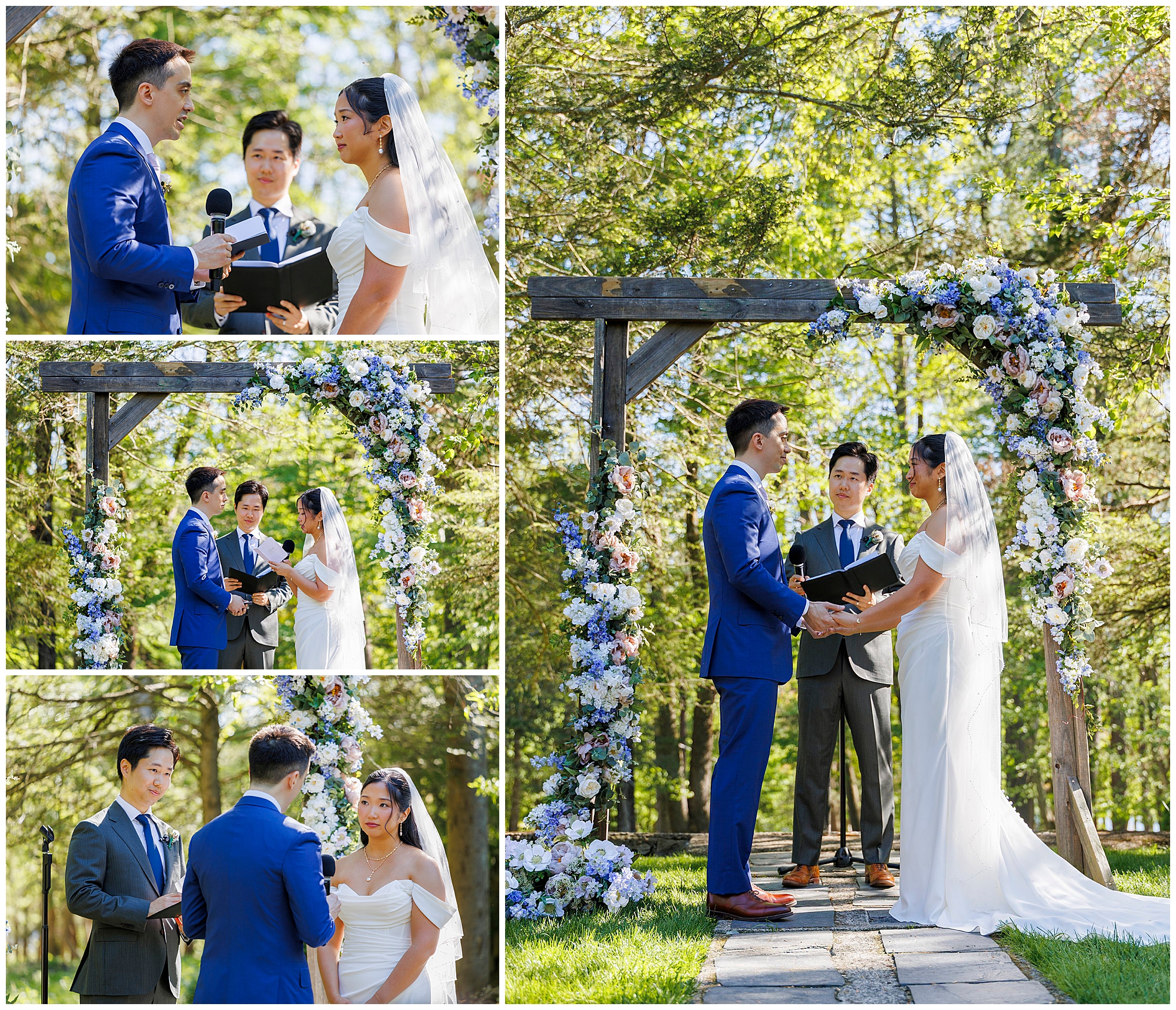 A couple exchanges vows during a wedding at Arrow Park, standing beneath a floral arch with the officiant between them. The outdoor ceremony is surrounded by trees and sunlight, captured from various angles.