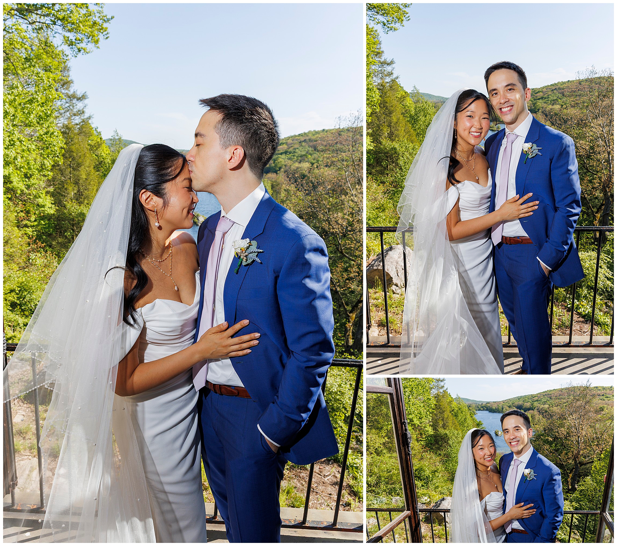 A bride and groom embrace and smile outdoors on a sunny day during their wedding at Arrow Park, surrounded by green trees and hills. The groom wears a blue suit; the bride wears a white dress and veil. In one photo, he kisses her forehead.
