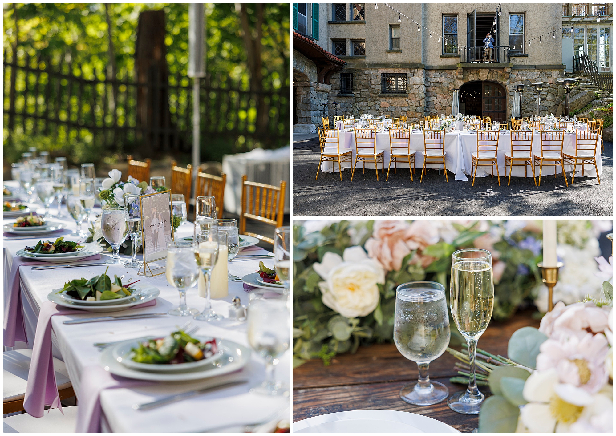Collage of elegant outdoor wedding table settings at a wedding at Arrow Park, with white linens, gold chairs, and floral centerpieces; close-ups show plates with salads, glasses of champagne, and decorative pink and white flowers.