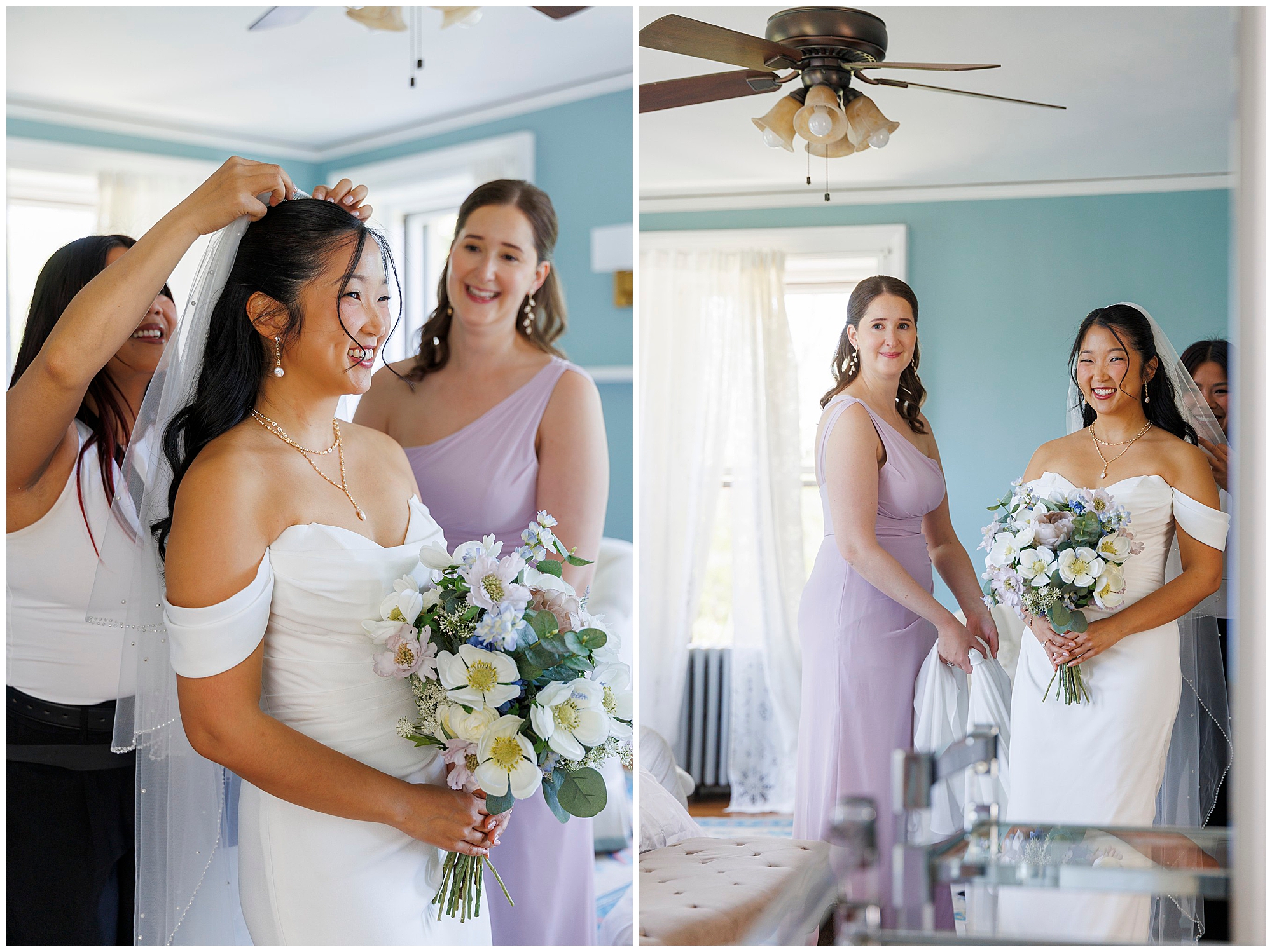 At a wedding at Arrow Park, a bride in an off-the-shoulder white dress holds a bouquet of white and purple flowers while her friends in lavender dresses help her adjust her veil in a bright, airy room.