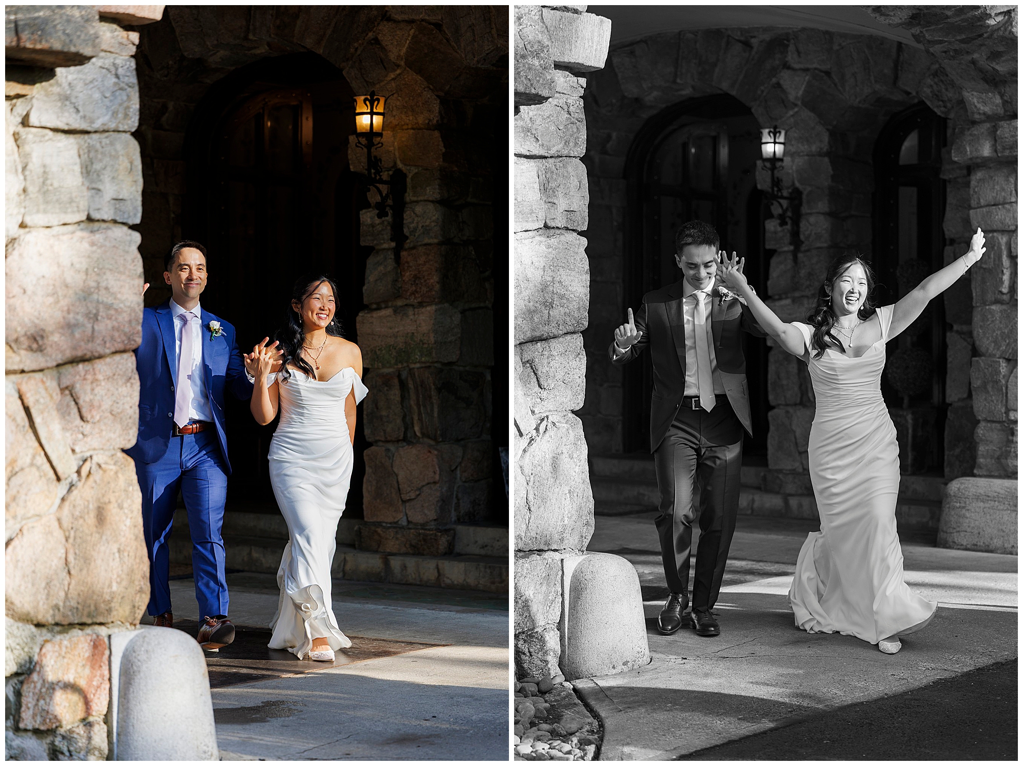 Two wedding photos side by side: a joyful bride and groom walk out of their wedding at Arrow Park, smiling and holding hands—the left image in color, the right in black and white. The bride raises her arm in celebration.
