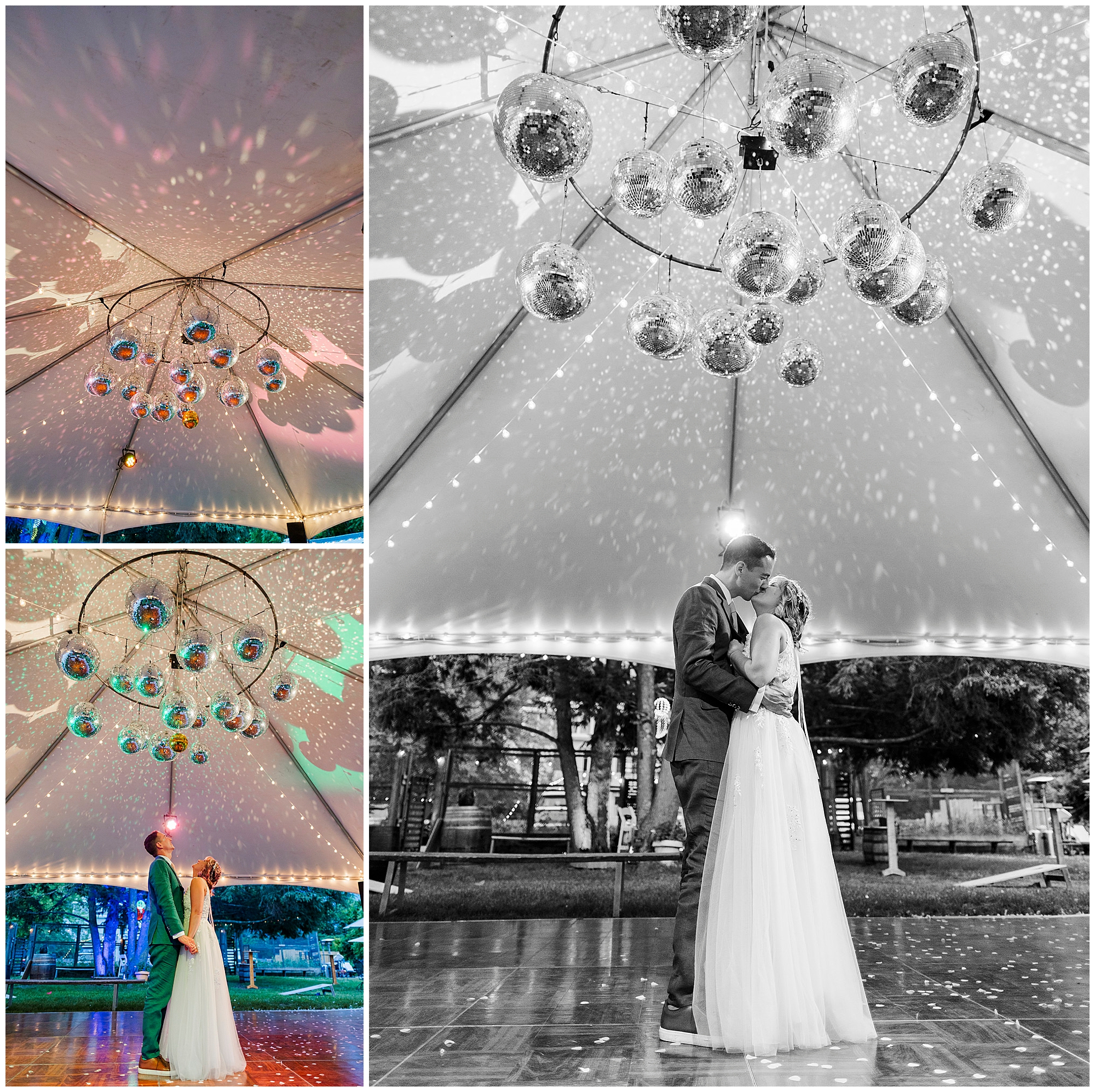 A bride and groom dance under a tent decorated with disco balls at their wedding at the yard, creating sparkling light patterns. The collage includes close-ups of decor and couples dancing on a lit-up dance floor.