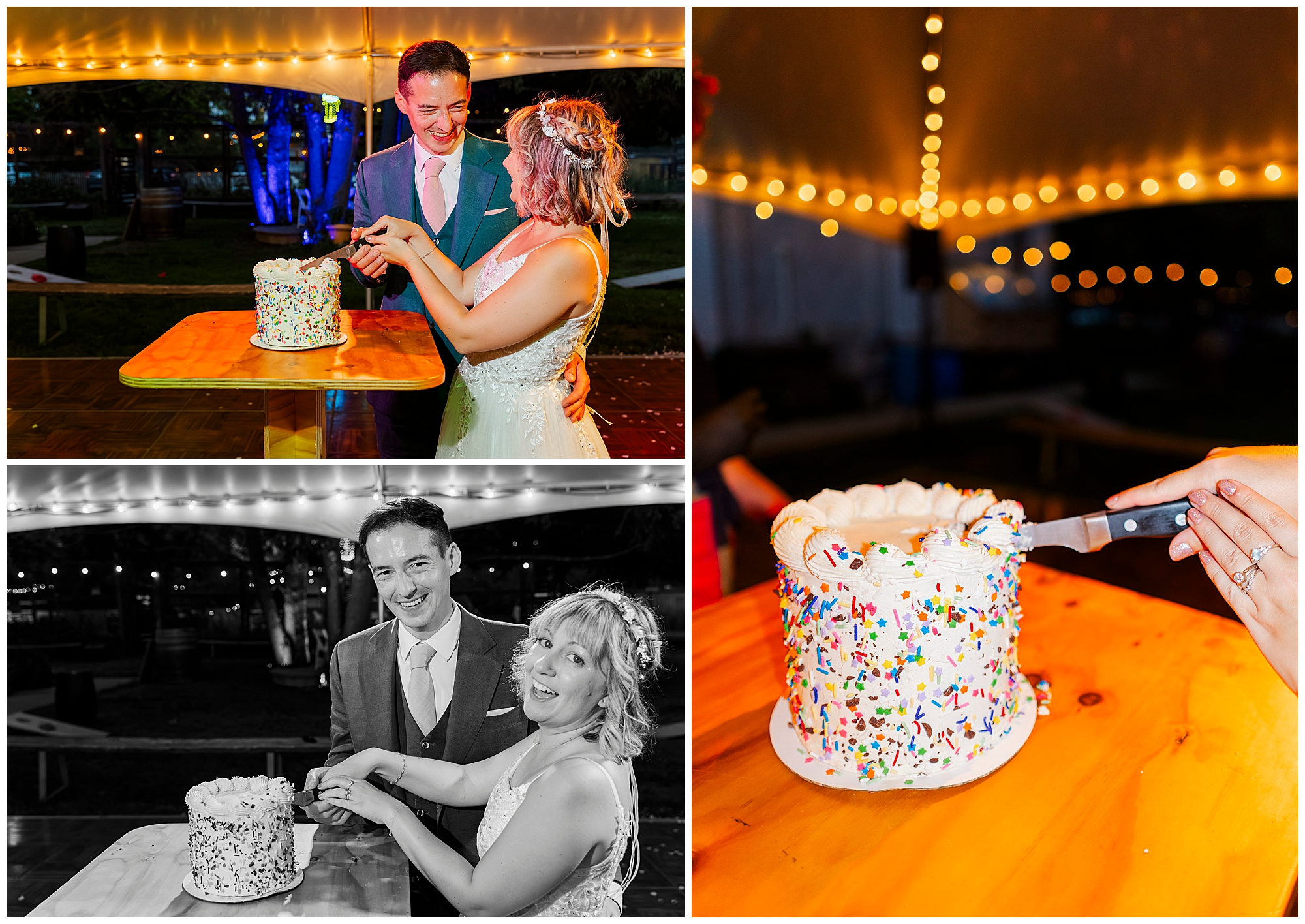 A bride and groom smile as they cut a colorful, sprinkle-covered cake at their wedding at the yard. Close-up and black-and-white versions capture the cake and couple under string lights at this charming outdoor venue.