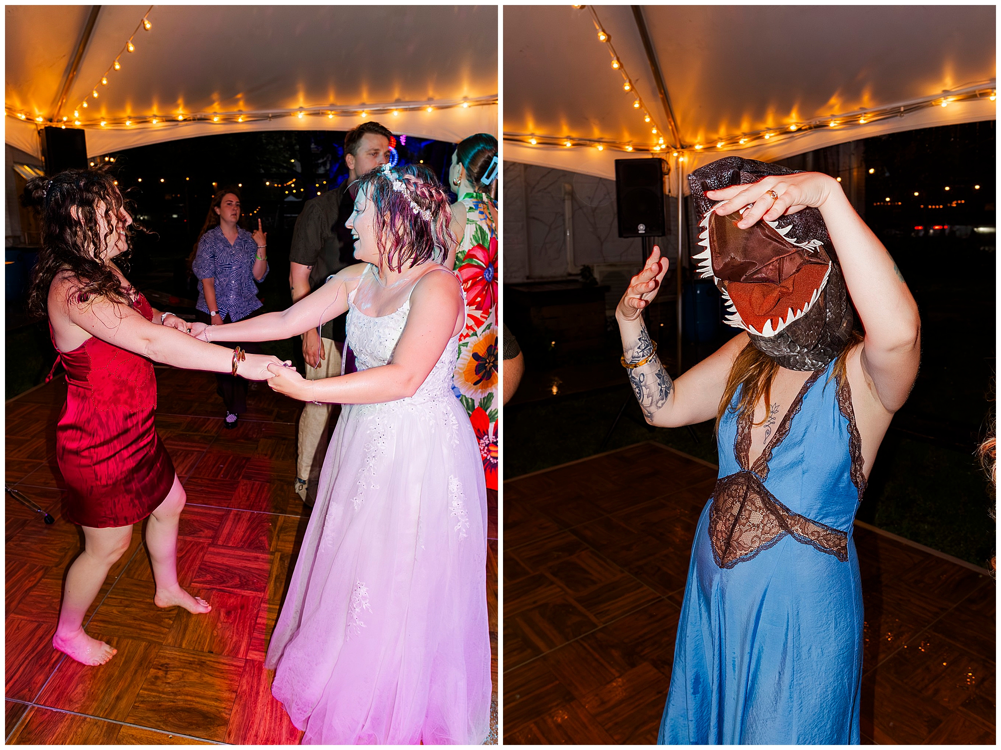 Two photos from a wedding at the yard: left, people in colorful dresses dance cheerfully under string lights at night; right, a person in a blue dress and tattooed arms wears a dinosaur mask on the dance floor under the same lights.