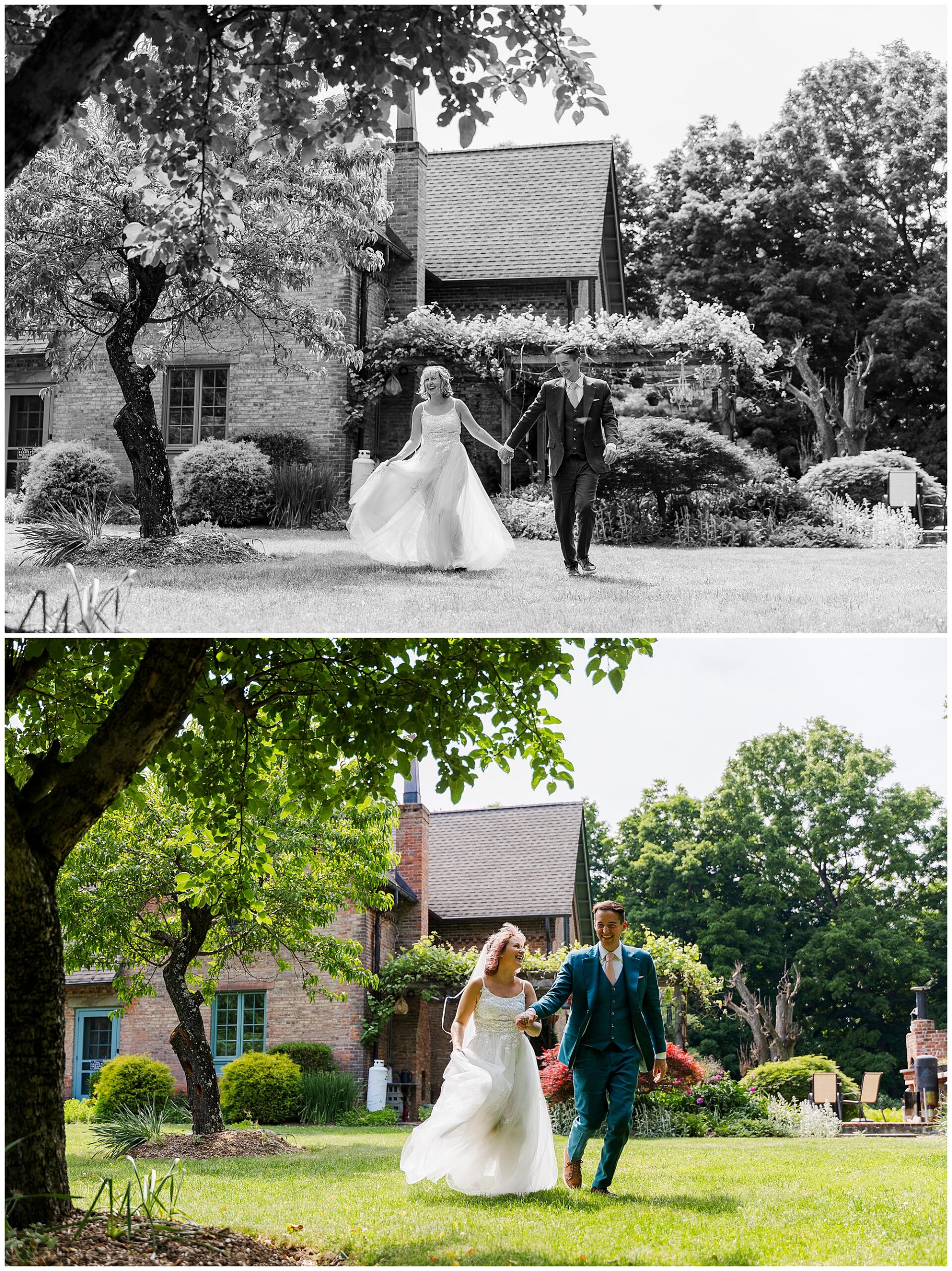 A bride and groom joyfully walk hand in hand on the lawn outside a brick house, surrounded by green trees and bushes, both smiling and dressed in wedding attire for their beautiful wedding at the yard.