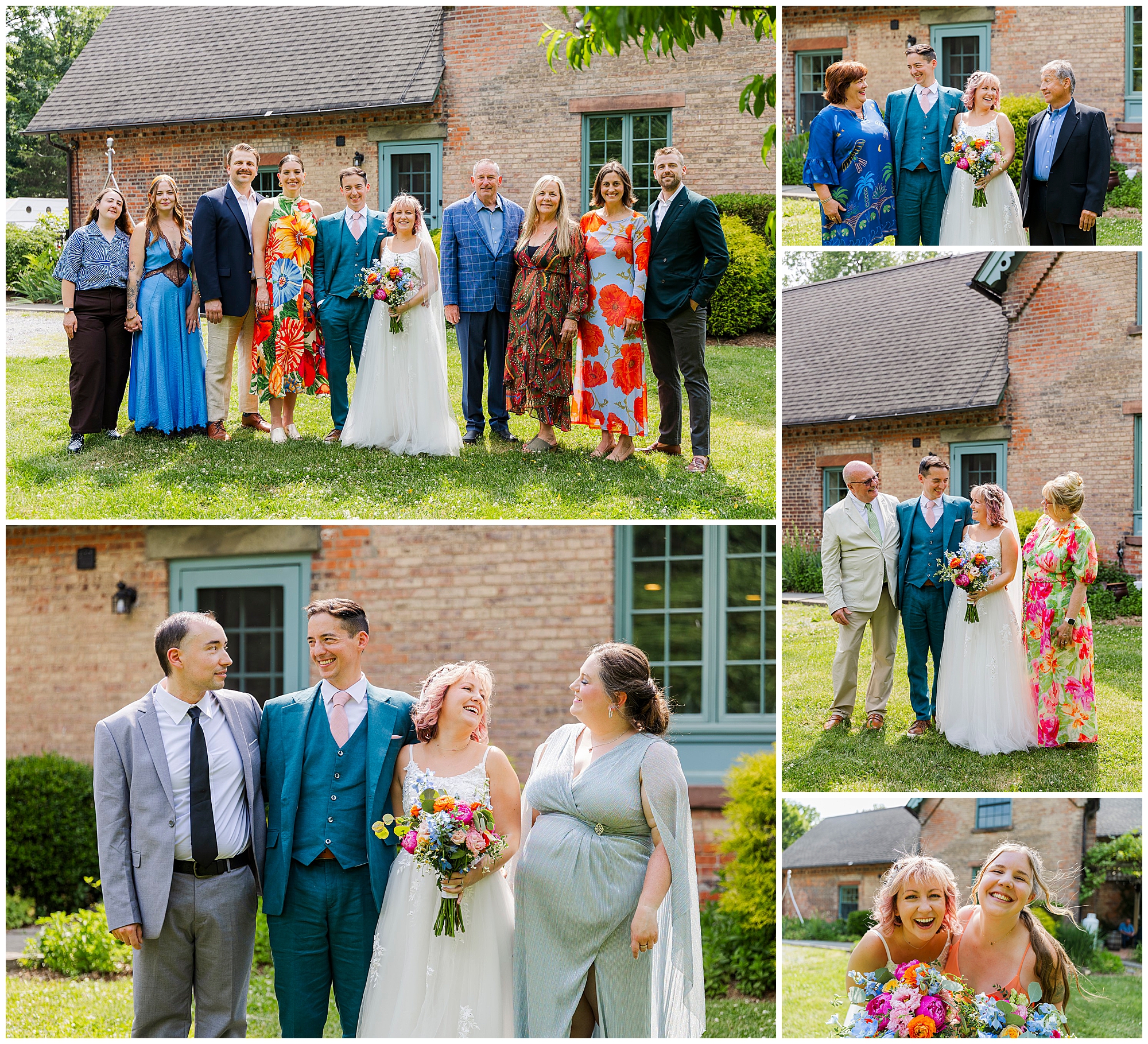 A collage of outdoor wedding at the yard photos features a bride in a white dress, a groom in a teal suit, and joyful family and friends posing in front of a brick house surrounded by lush greenery.