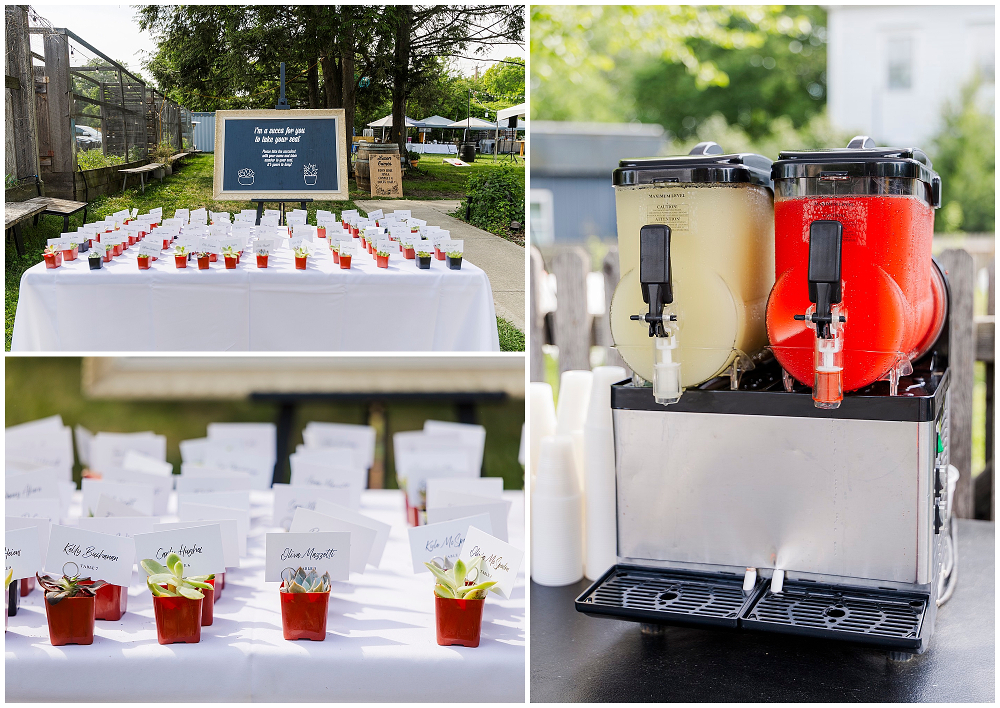 A collage captures a wedding at the yard: a white table with name cards and appetizers, a sign reading “It means you are in the right spot!”, and a drink dispenser of yellow and red beverages, all beautifully set outdoors.