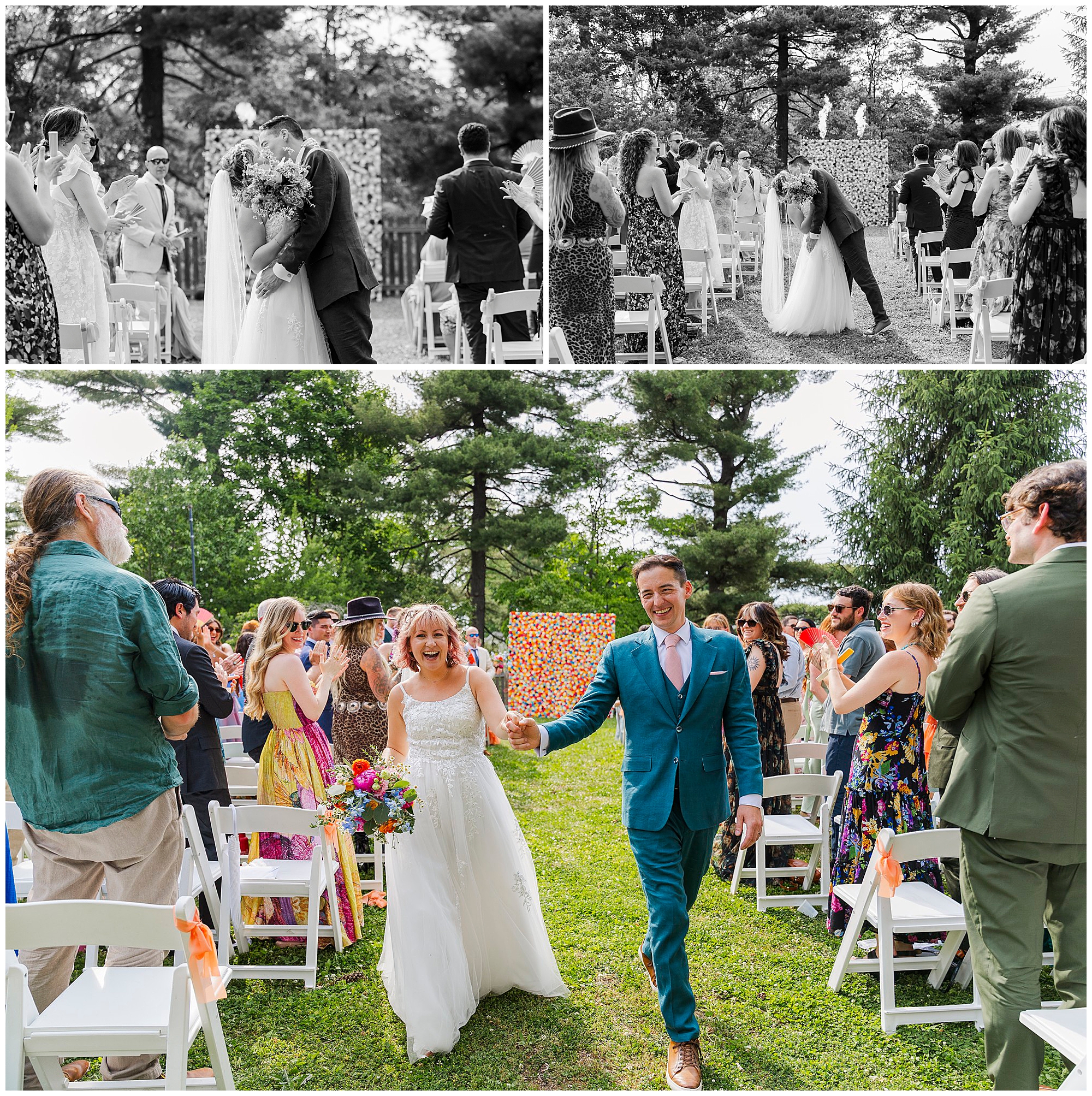A joyful newlywed couple walks down the aisle outdoors during their wedding at the yard, holding hands and smiling as guests cheer and clap. The bride holds a colorful bouquet; trees and greenery surround the scene.