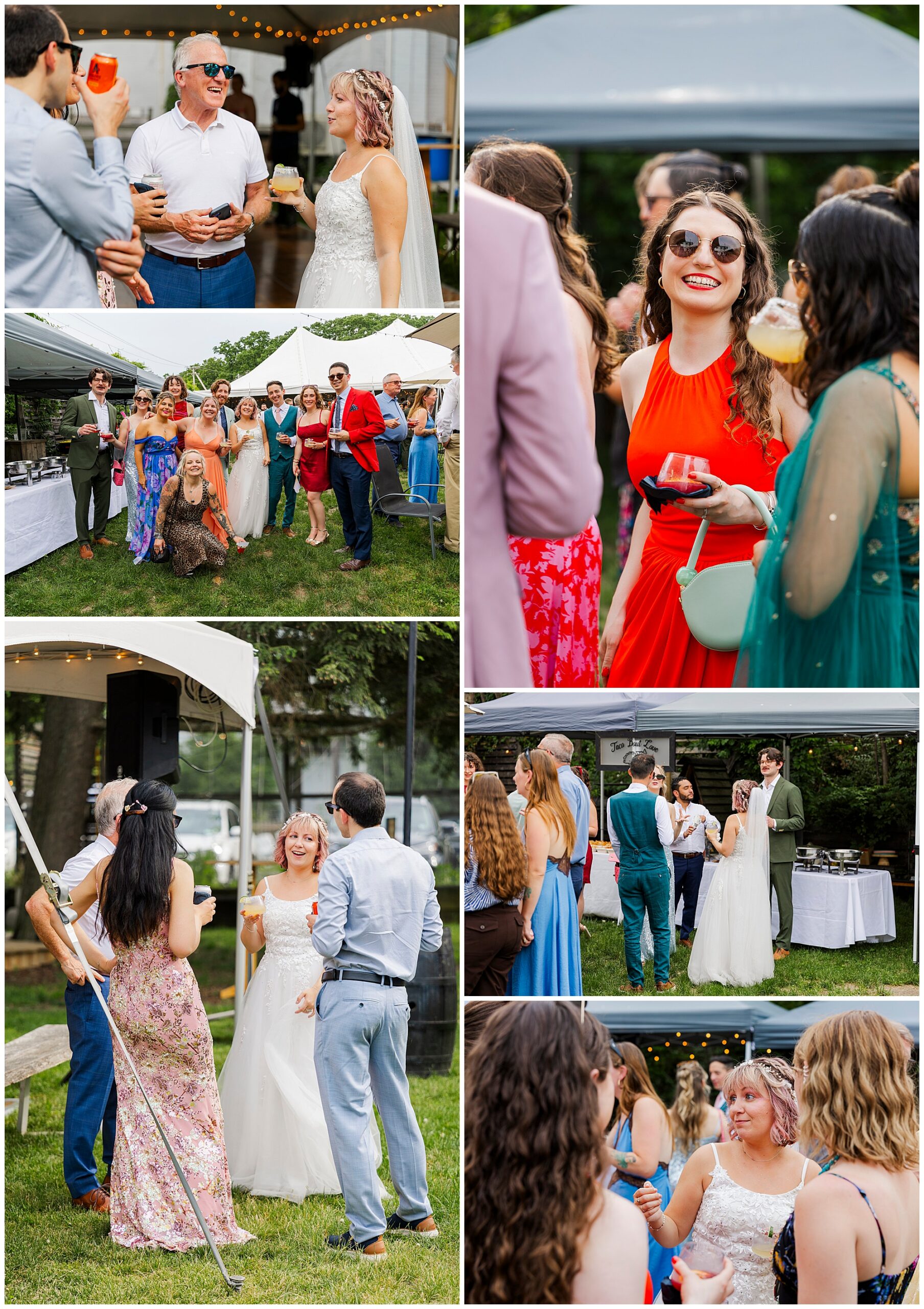 A collage of outdoor wedding at the yard reception photos shows guests in colorful attire mingling, celebrating with the bride in her white dress. Everyone is smiling, holding drinks, and enjoying the festive atmosphere.
