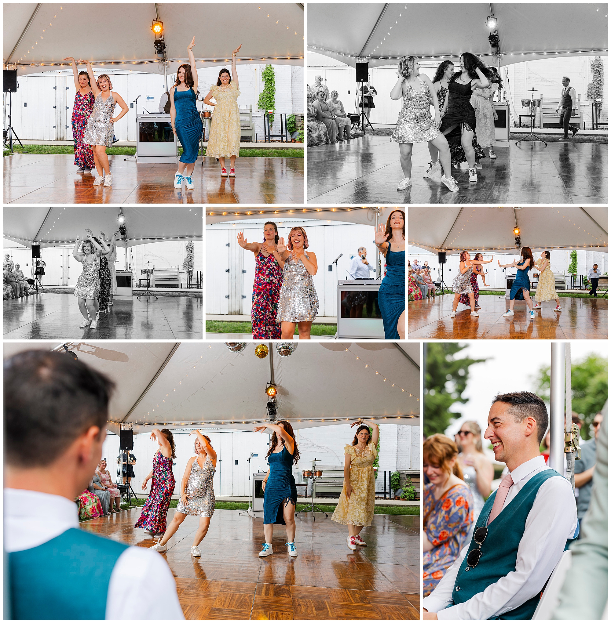 A collage of photos shows four women dancing joyfully under a white tent at a lively wedding at the yard. Guests watch and smile, while a man in a teal vest enjoys the festive atmosphere and vibrant outdoor celebration.