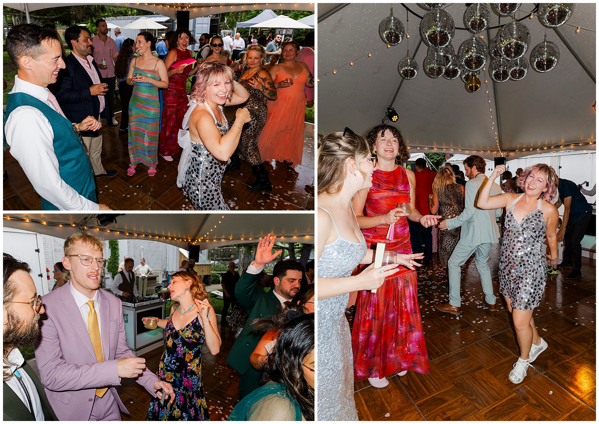 Three photos of people dancing and celebrating at a festive wedding at the yard under a tent, with disco balls and string lights overhead. Confetti covers the floor as guests in colorful, formal outfits smile and enjoy the night.