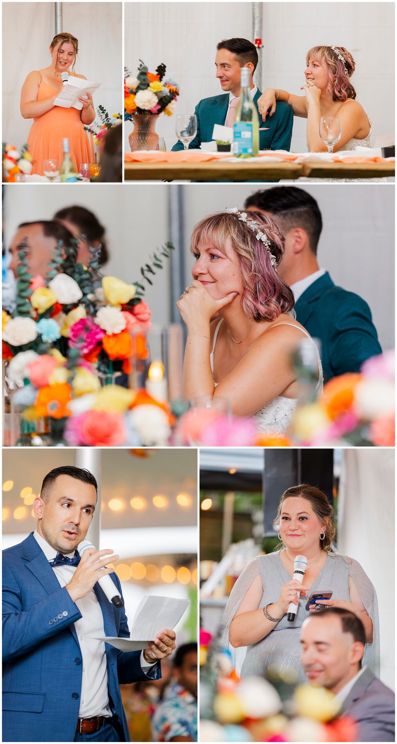 A collage of wedding at the yard reception moments: a bridesmaid gives a toast, the bride smiles emotionally at the head table, a man in a suit speaks, and a woman with a microphone stands by a seated man amid colorful flowers.